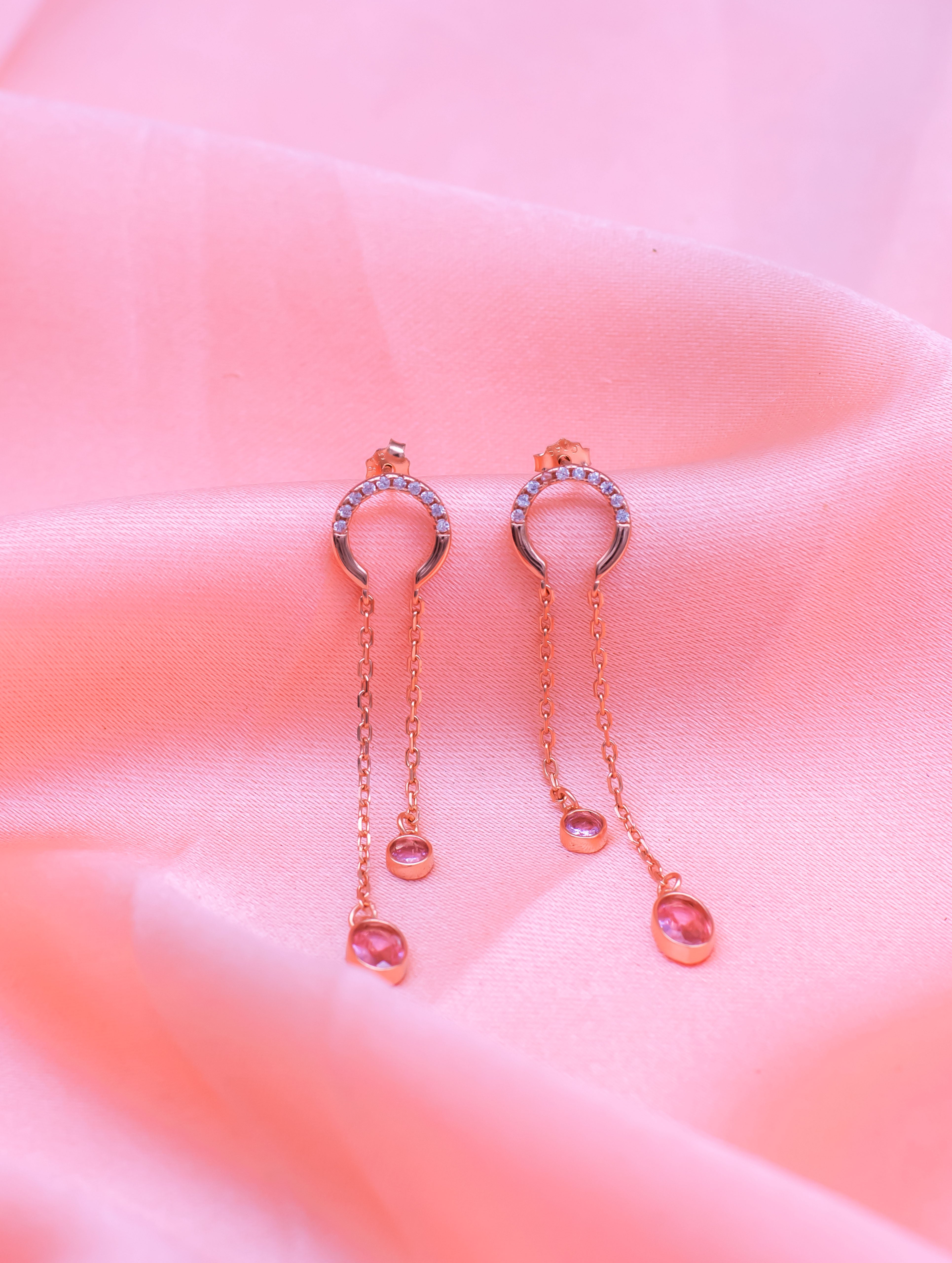 Pink Drop Stone Silver Dangling Earrings
