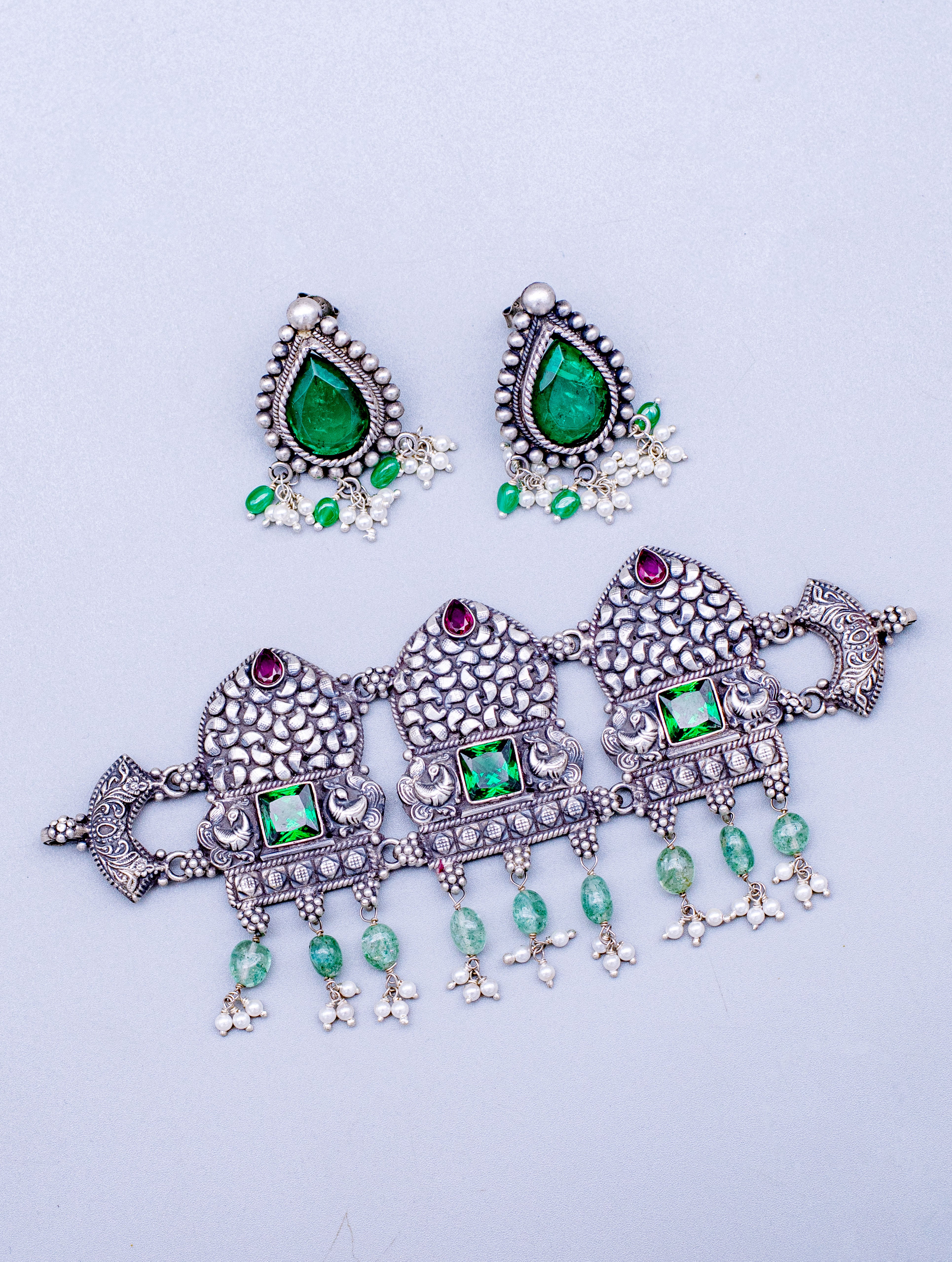 Oxidized Silver Basra Pearl & Emerald Necklace Set