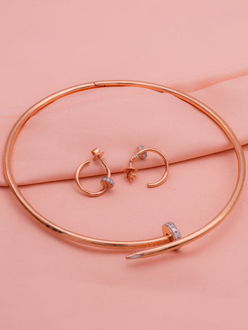 Rose Gold-Tone Twisted Nail Bangle & Hoop Earrings Set with White Swarovski Zircon