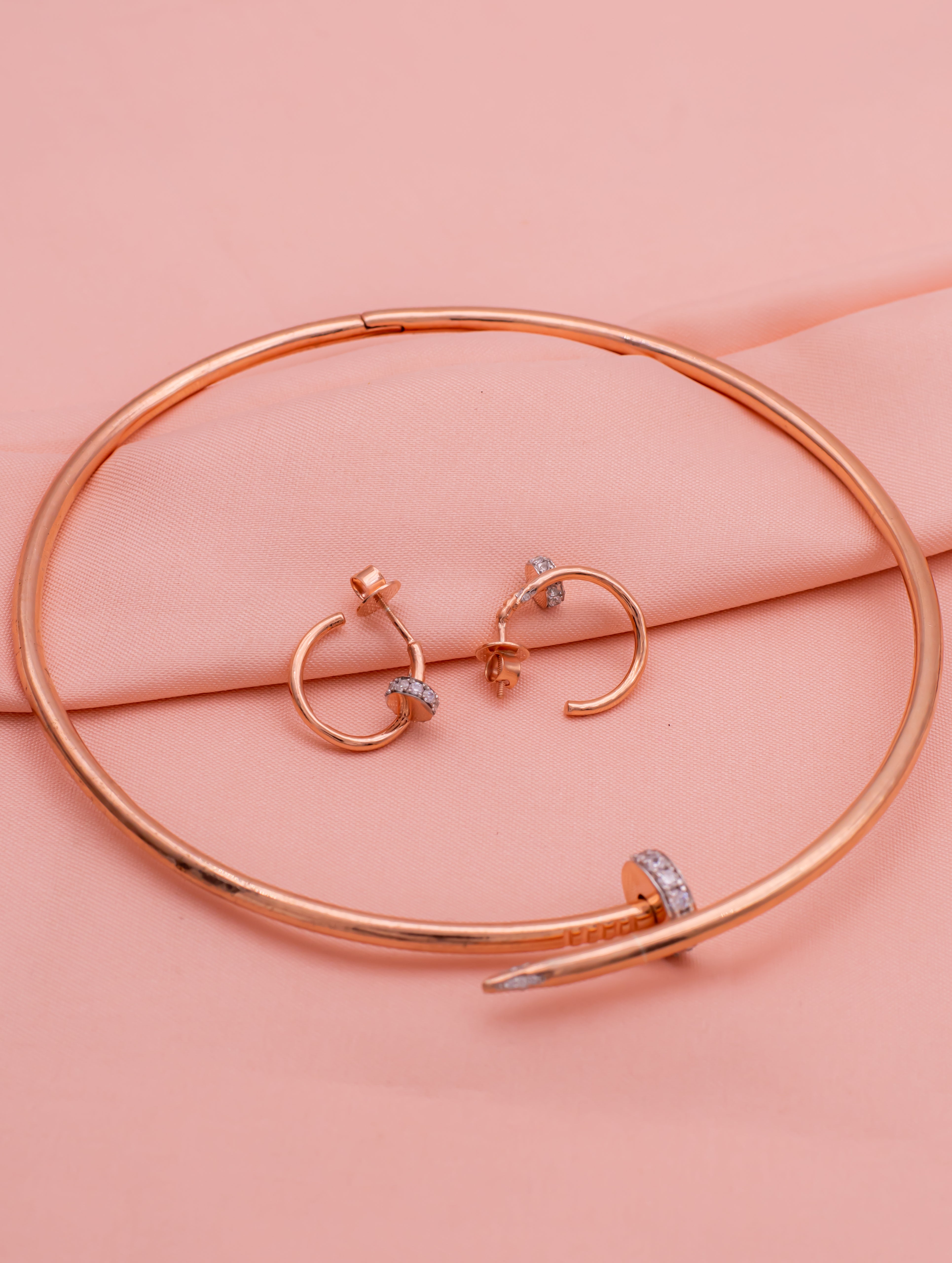 Rose Gold-Tone Twisted Nail Bangle & Hoop Earrings Set with White Swarovski Zircon