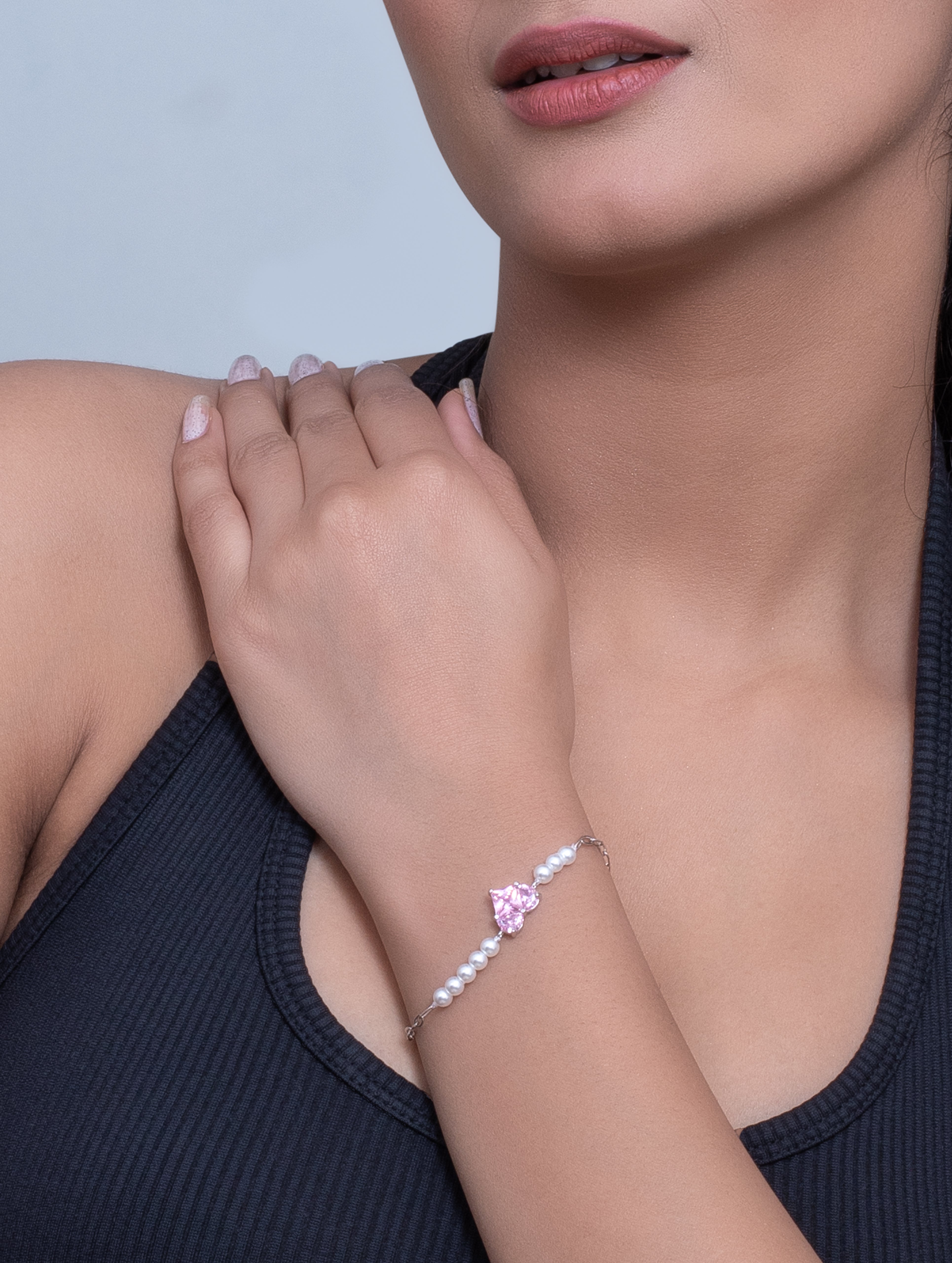 Pearl and Pink Glow Silver Heart Bracelet