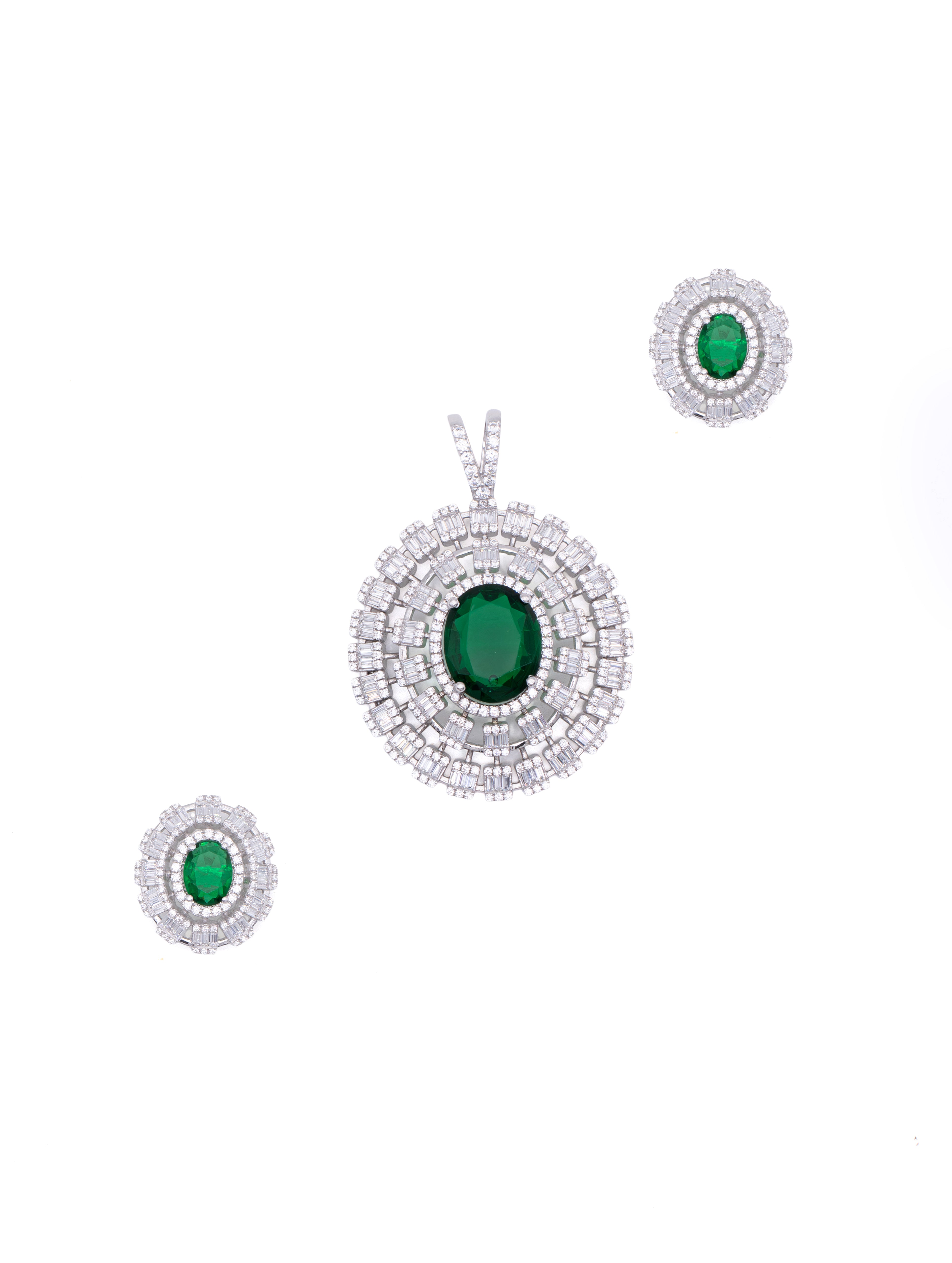 Green Stone & White Swarovski Zircon Pendant Set