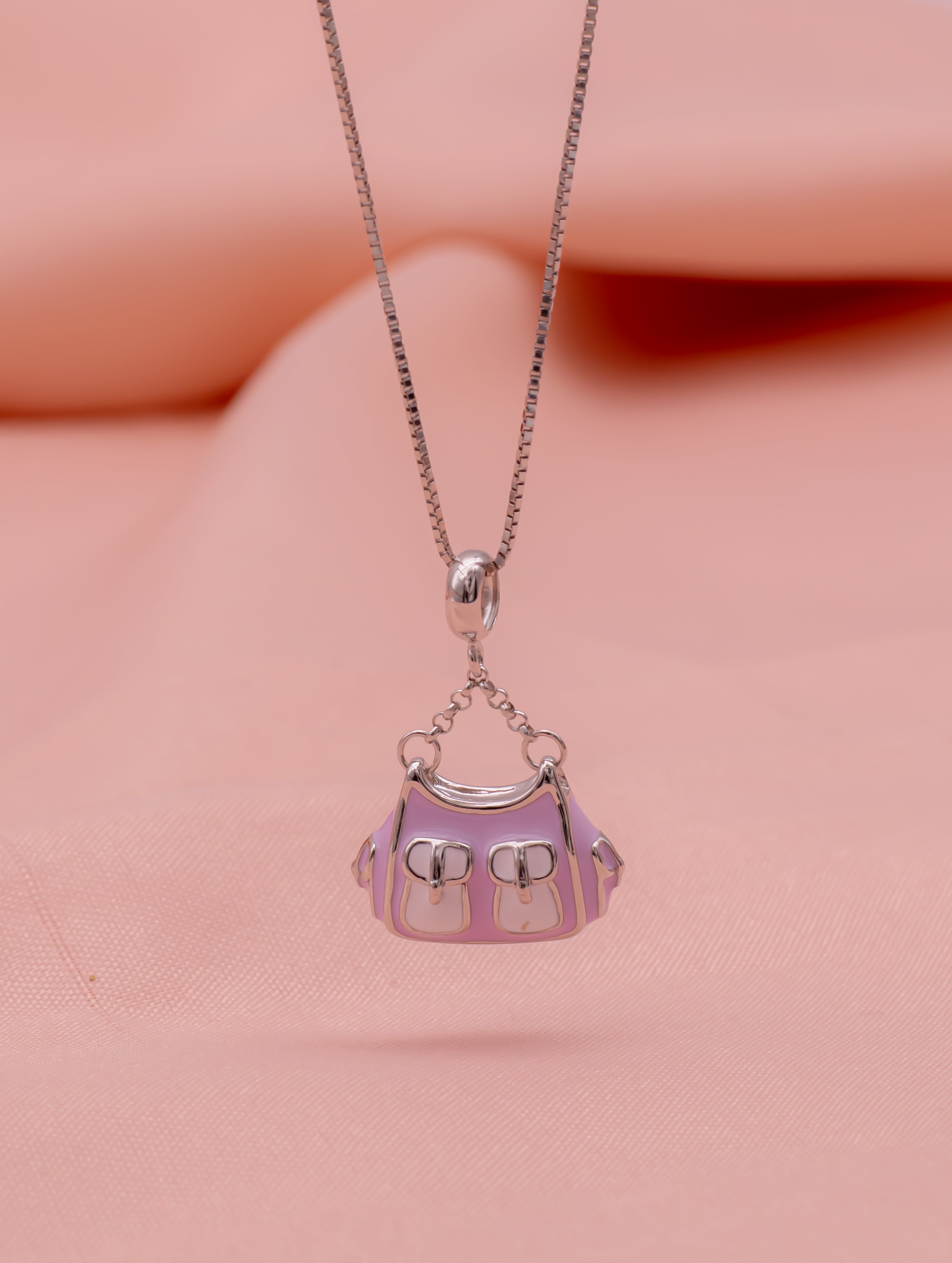 Pink & White Enamel Handbag Pendant with Silver Chain