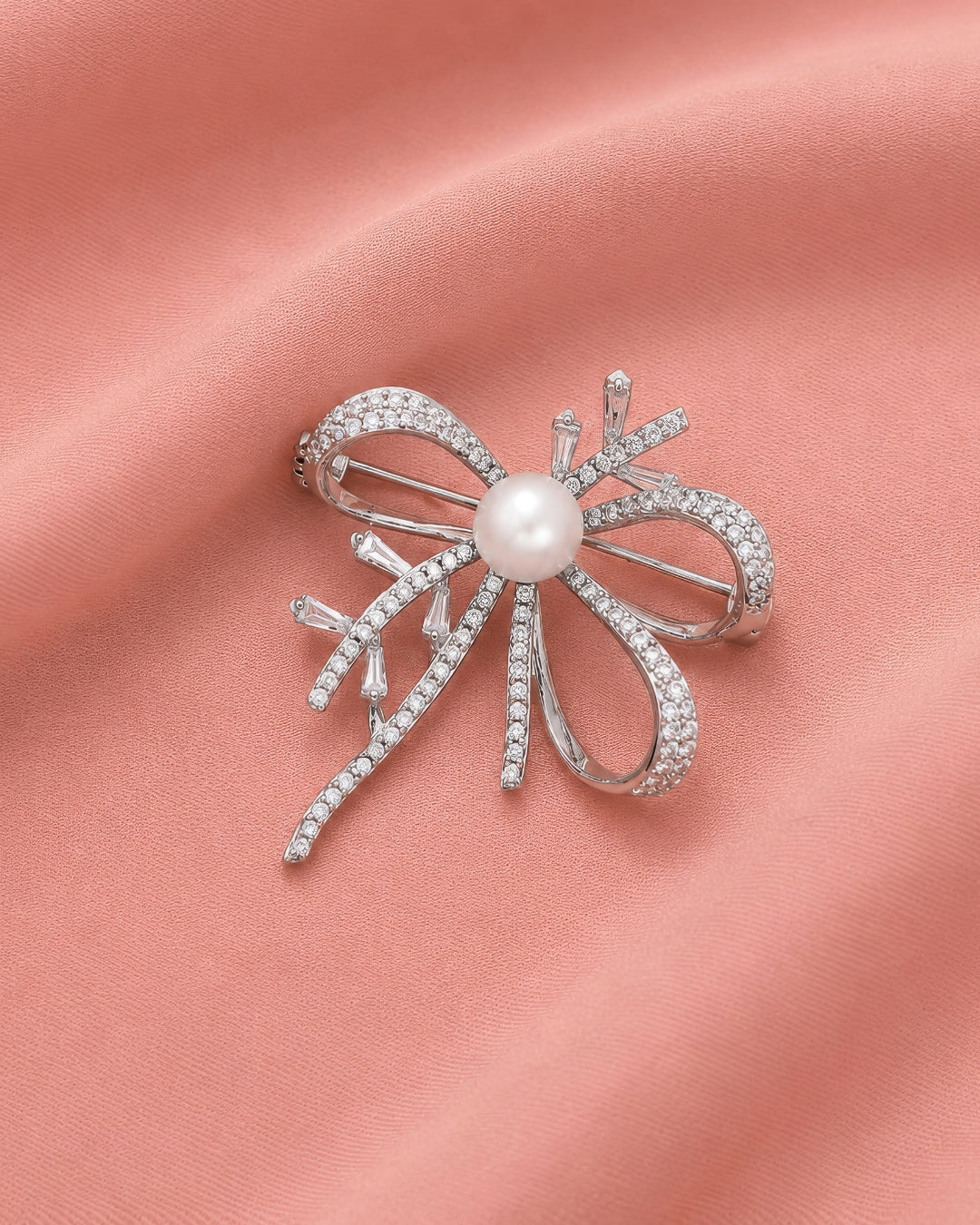 Pave CZ Bow Brooch with Pearl Center