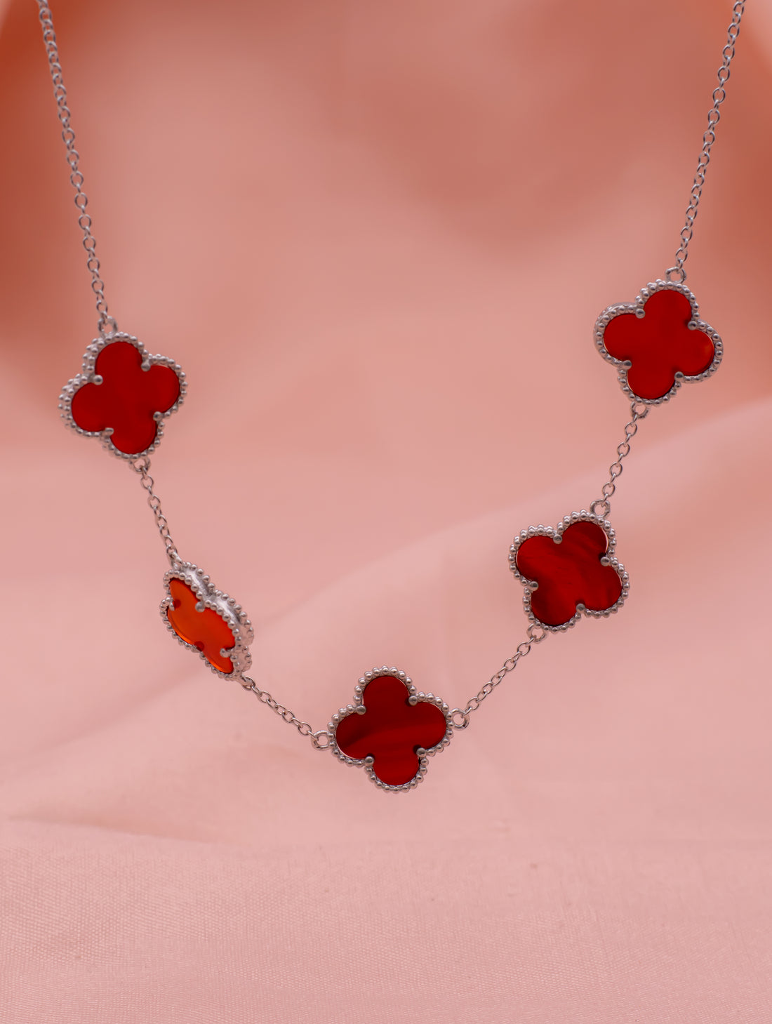 Red Enamel Clover Silver Necklace