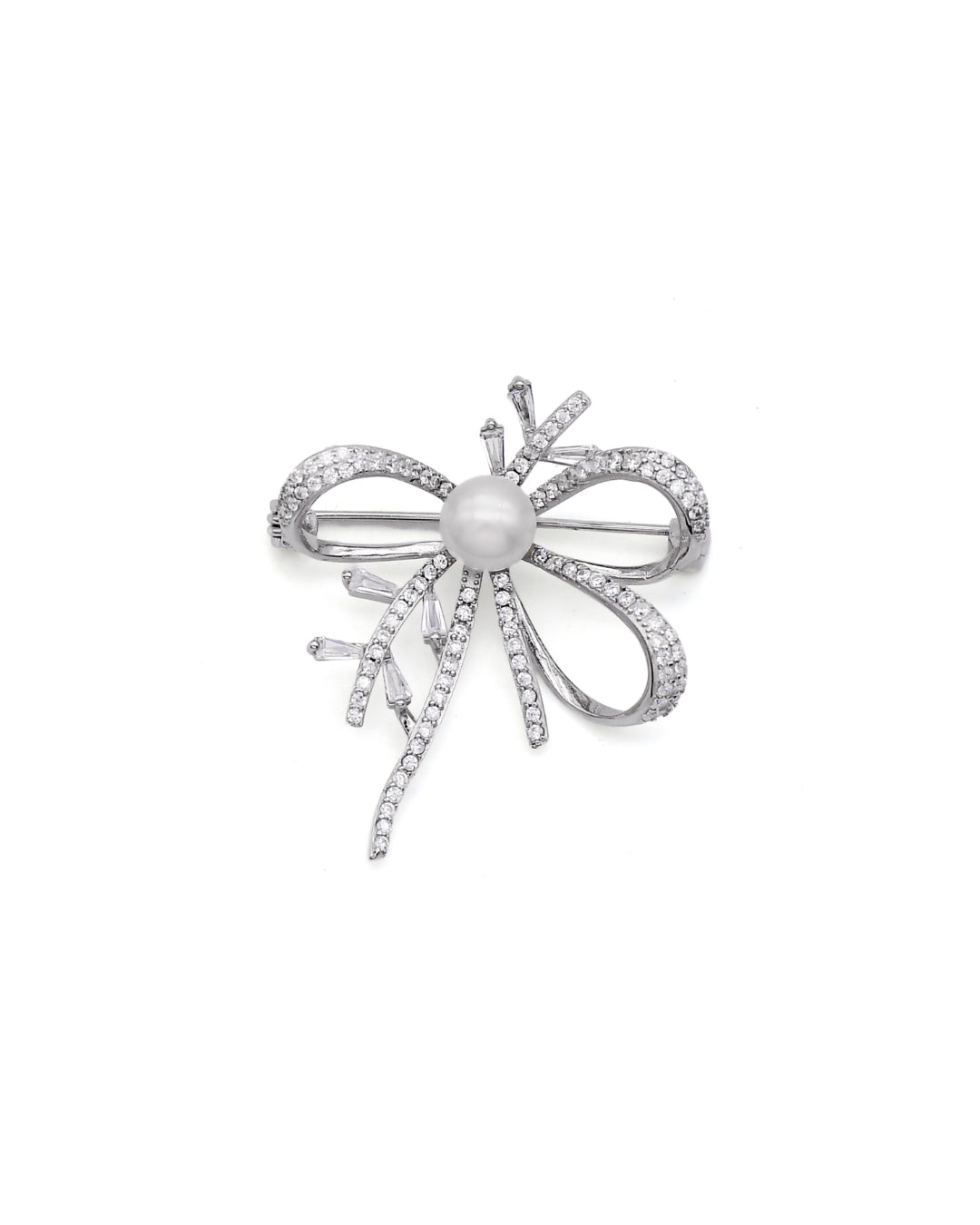 Pave CZ Bow Brooch with Pearl Center