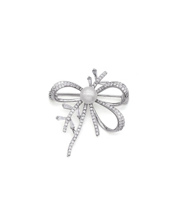 Pave CZ Bow Brooch with Pearl Center