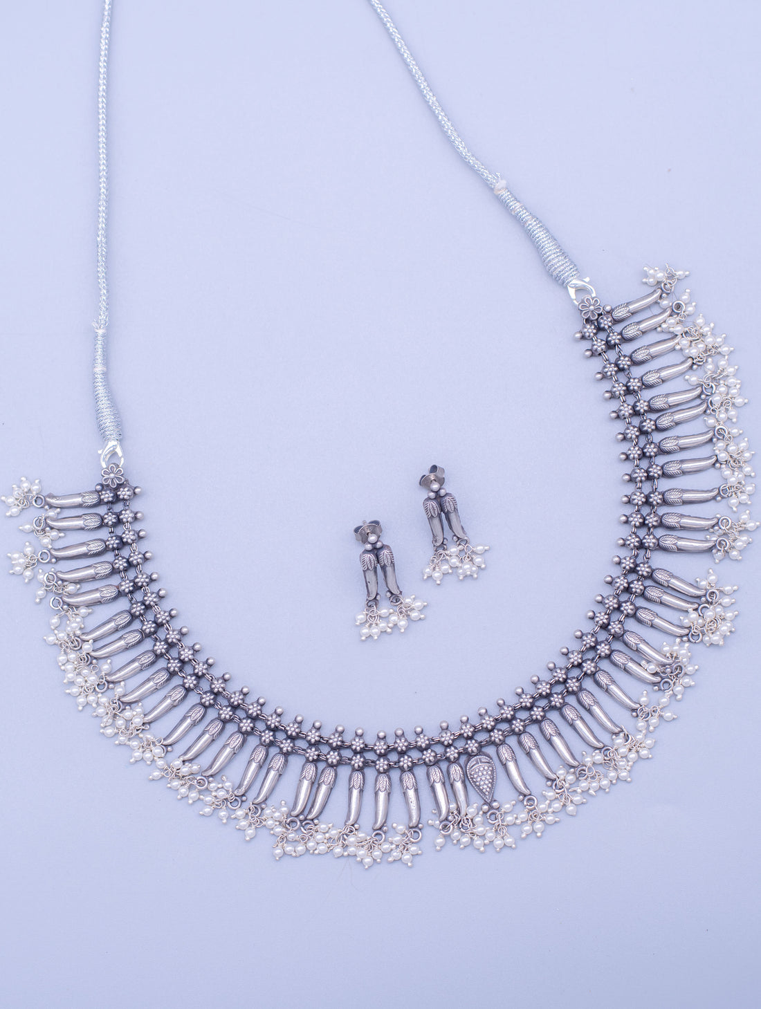 Oxidized Silver Short Necklace & Basra Pearl Earrings Set