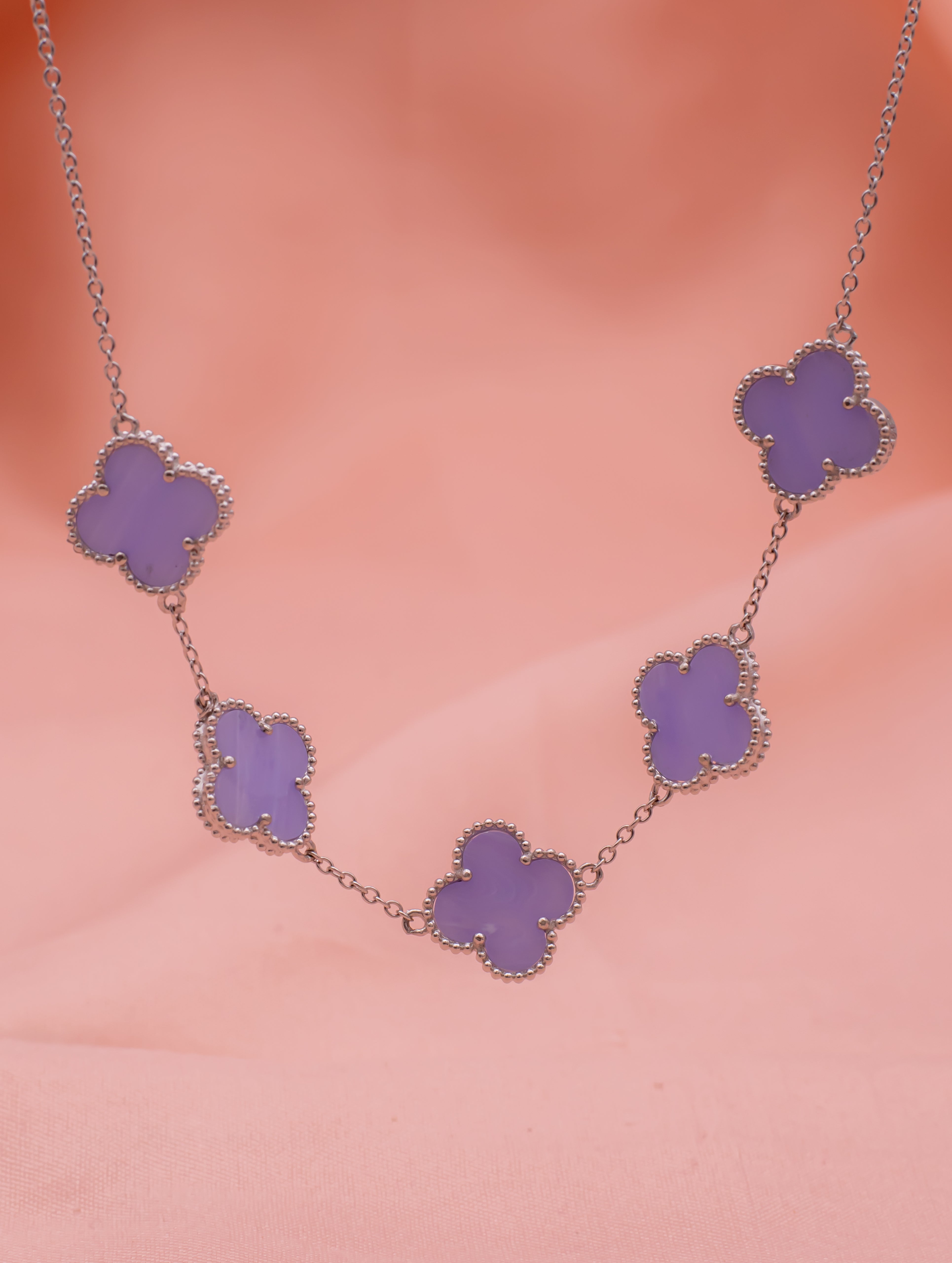 Lavender Enamel Clover Silver Necklace