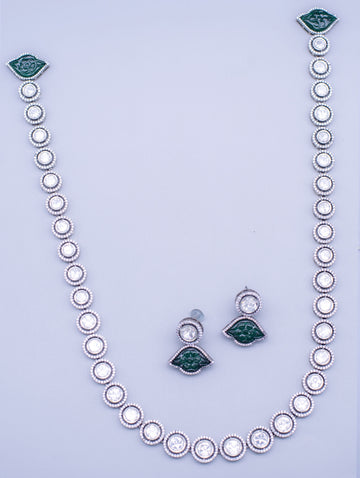 Long Silver Moissanite & Emerald Necklace & Earrings Set