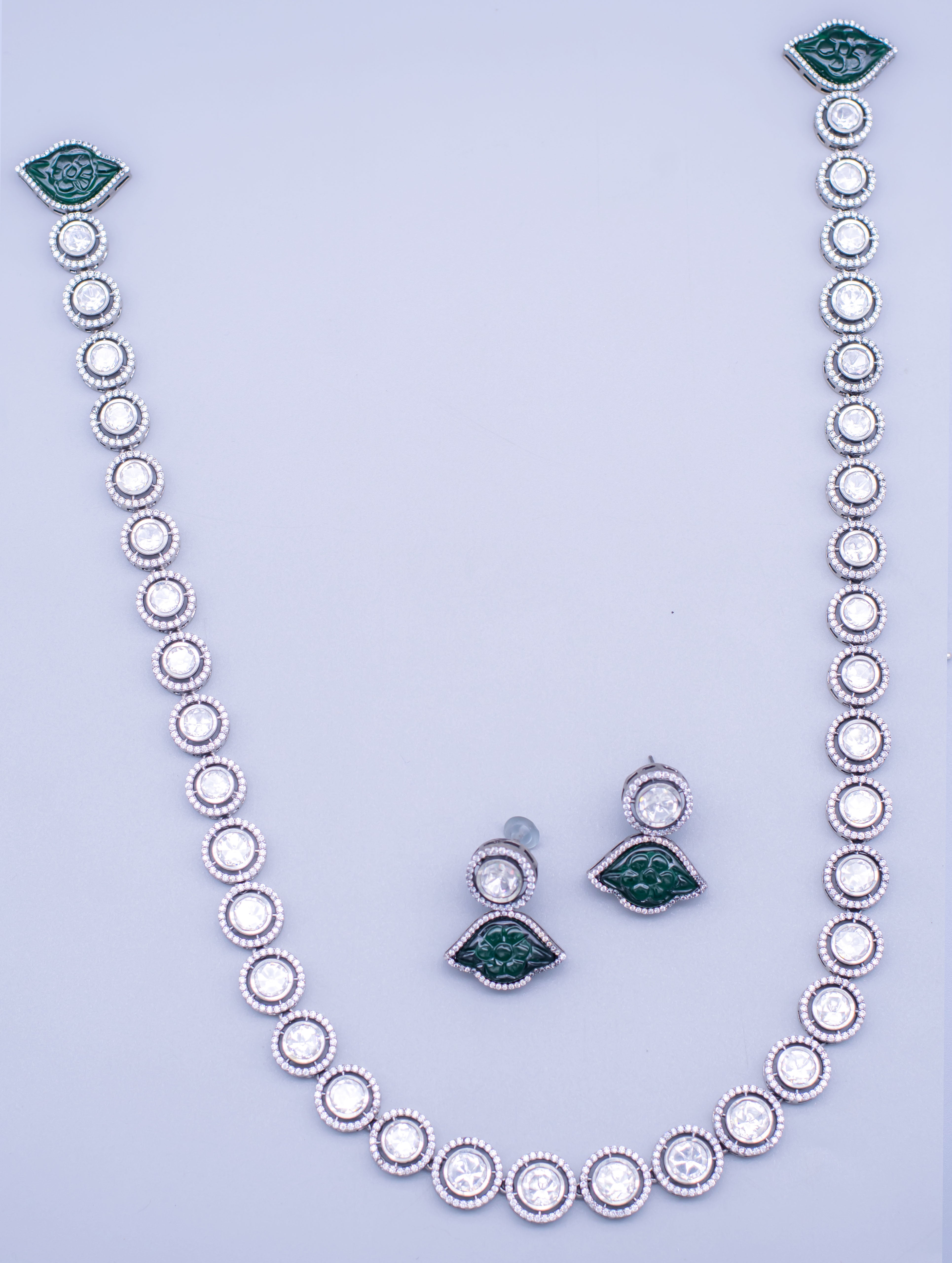 Long Silver Moissanite & Emerald Necklace & Earrings Set