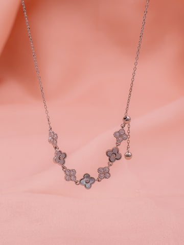 Floral & Clover Motif Silver Necklace with Swarovski Zircon