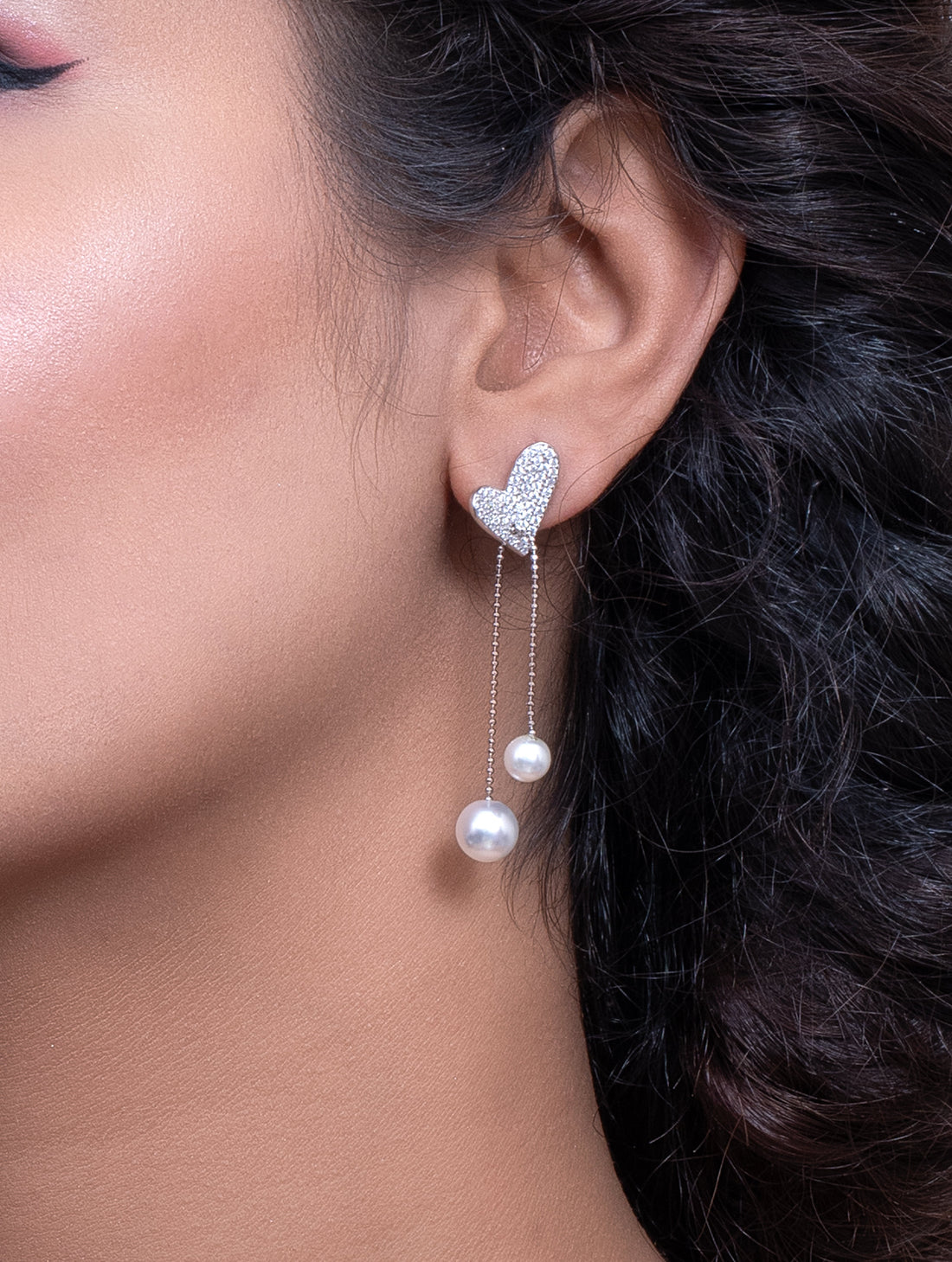 Pearl Drop Silver Heart Zircon Earrings