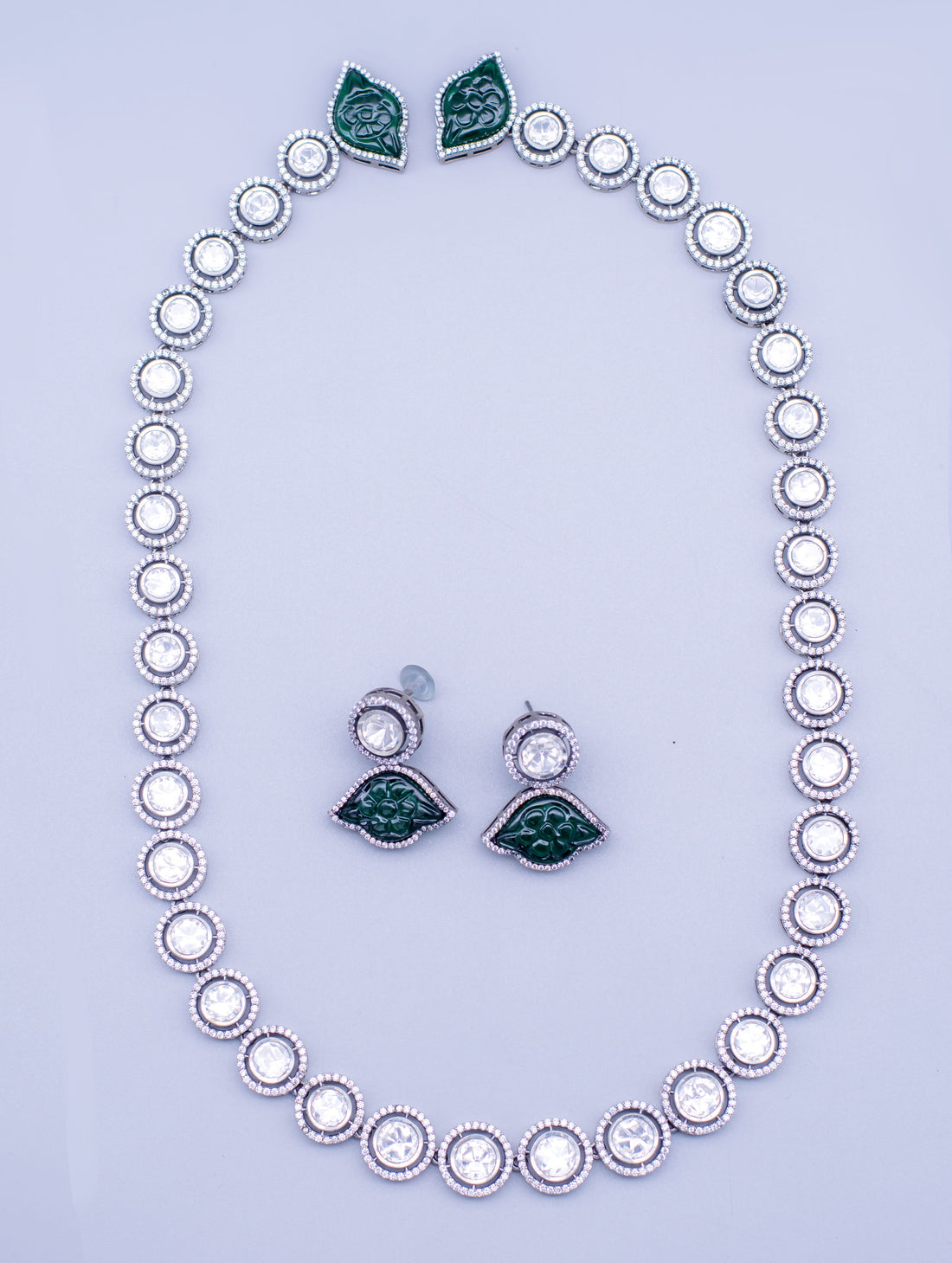 Long Silver Moissanite & Emerald Necklace & Earrings Set