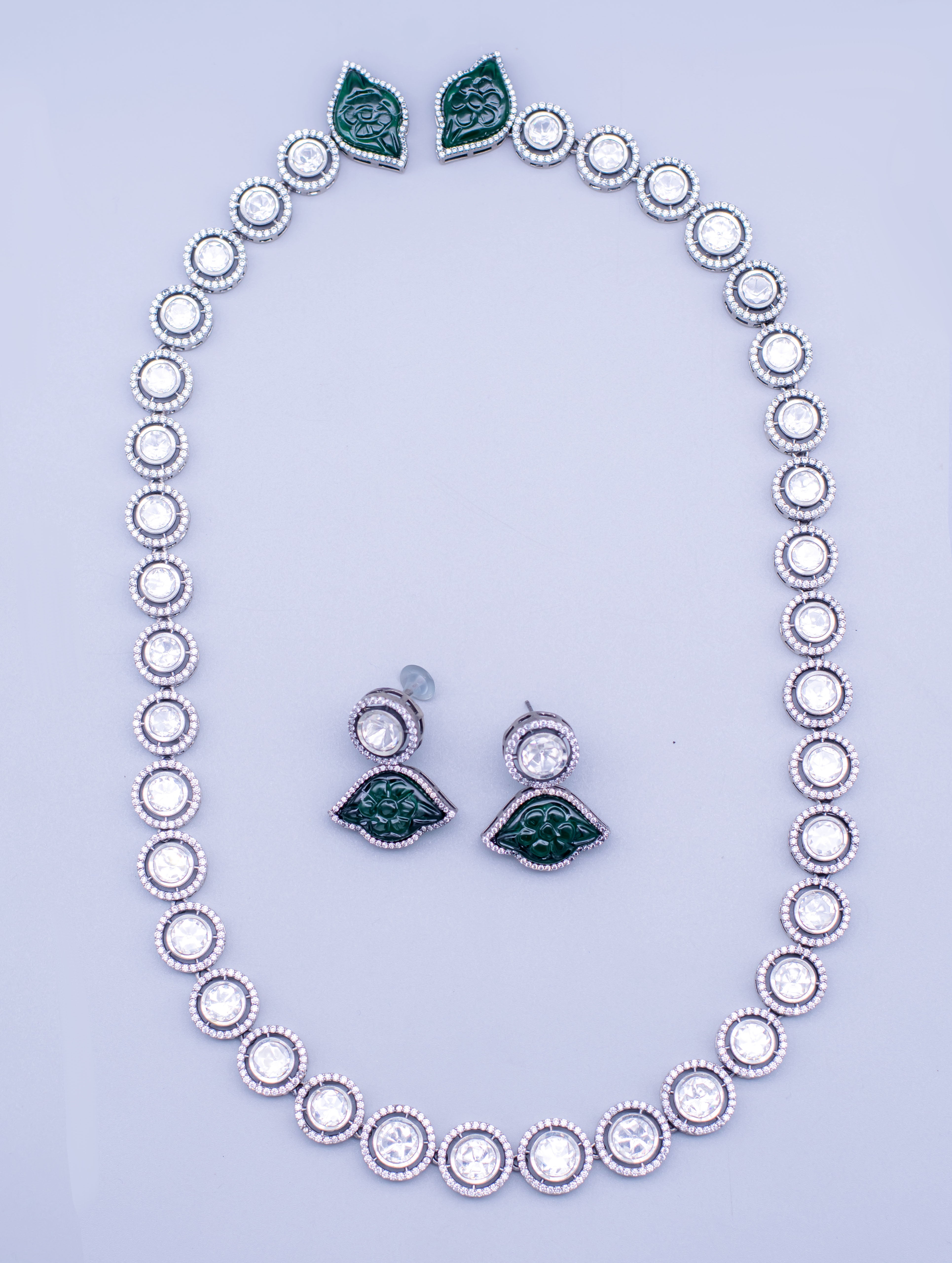 Long Silver Moissanite & Emerald Necklace & Earrings Set