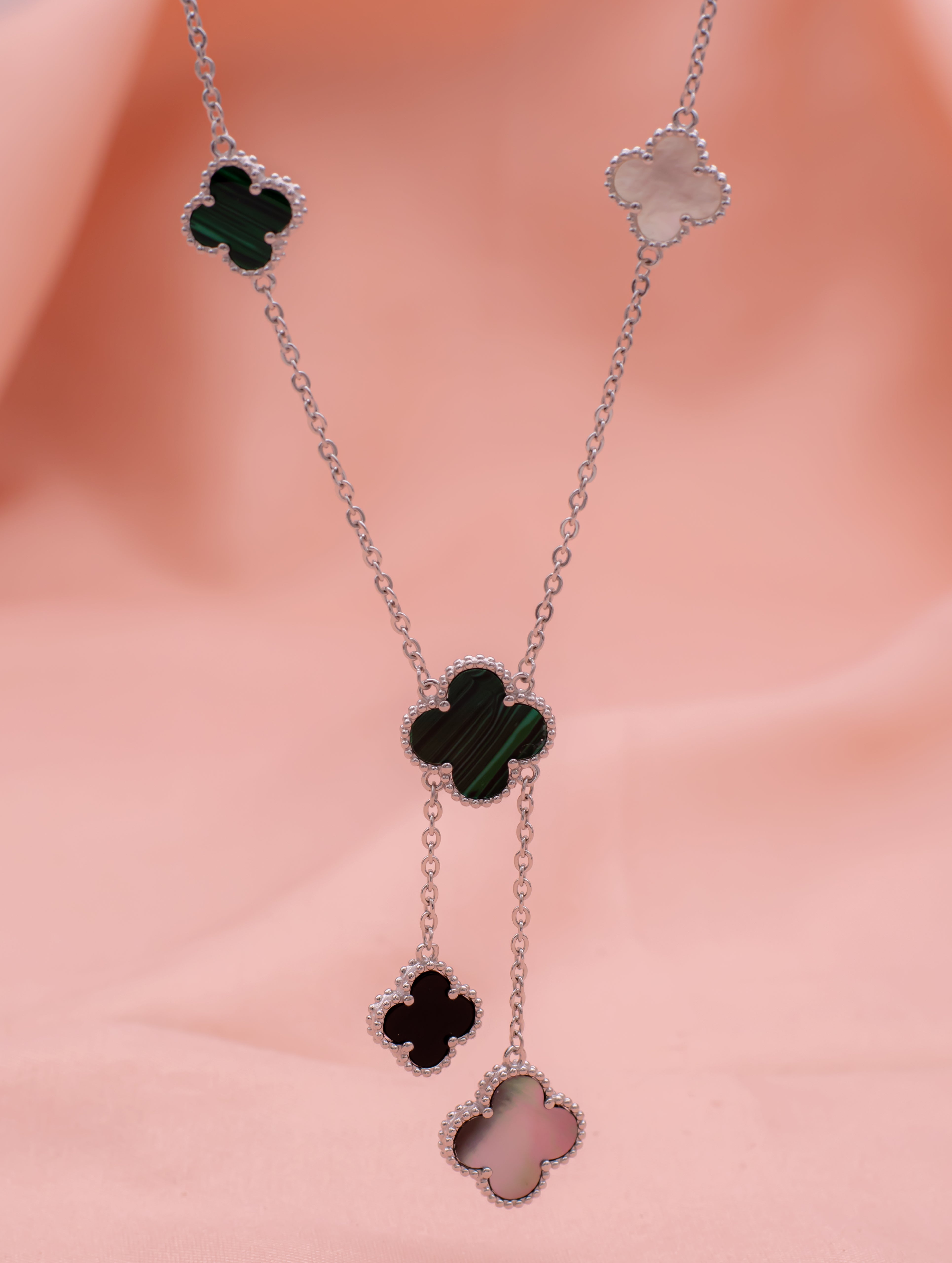 Green & White Clover Silver Necklace