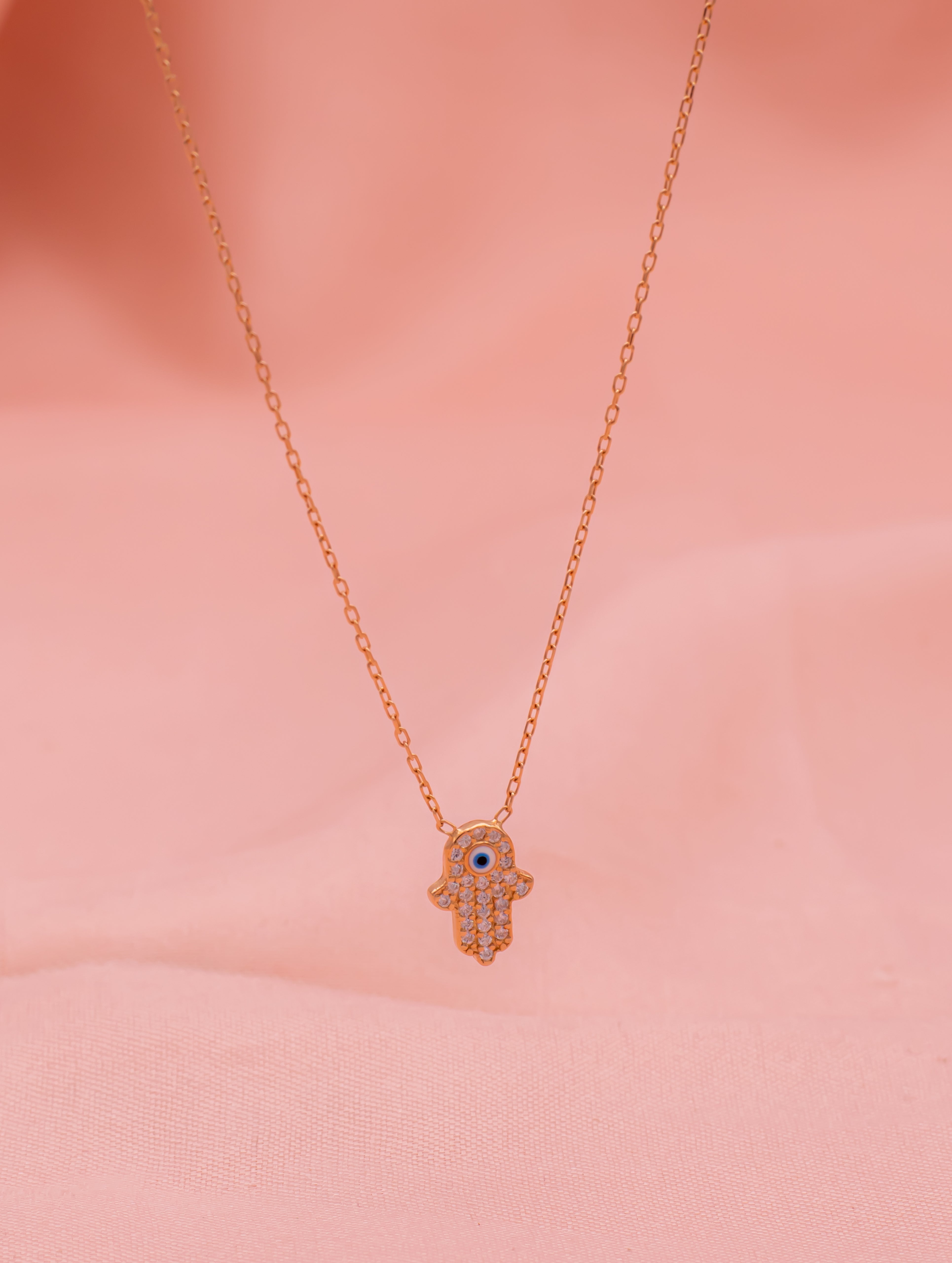 Hamsa Hand Evil Eye Silver Necklace with Swarovski Zircon