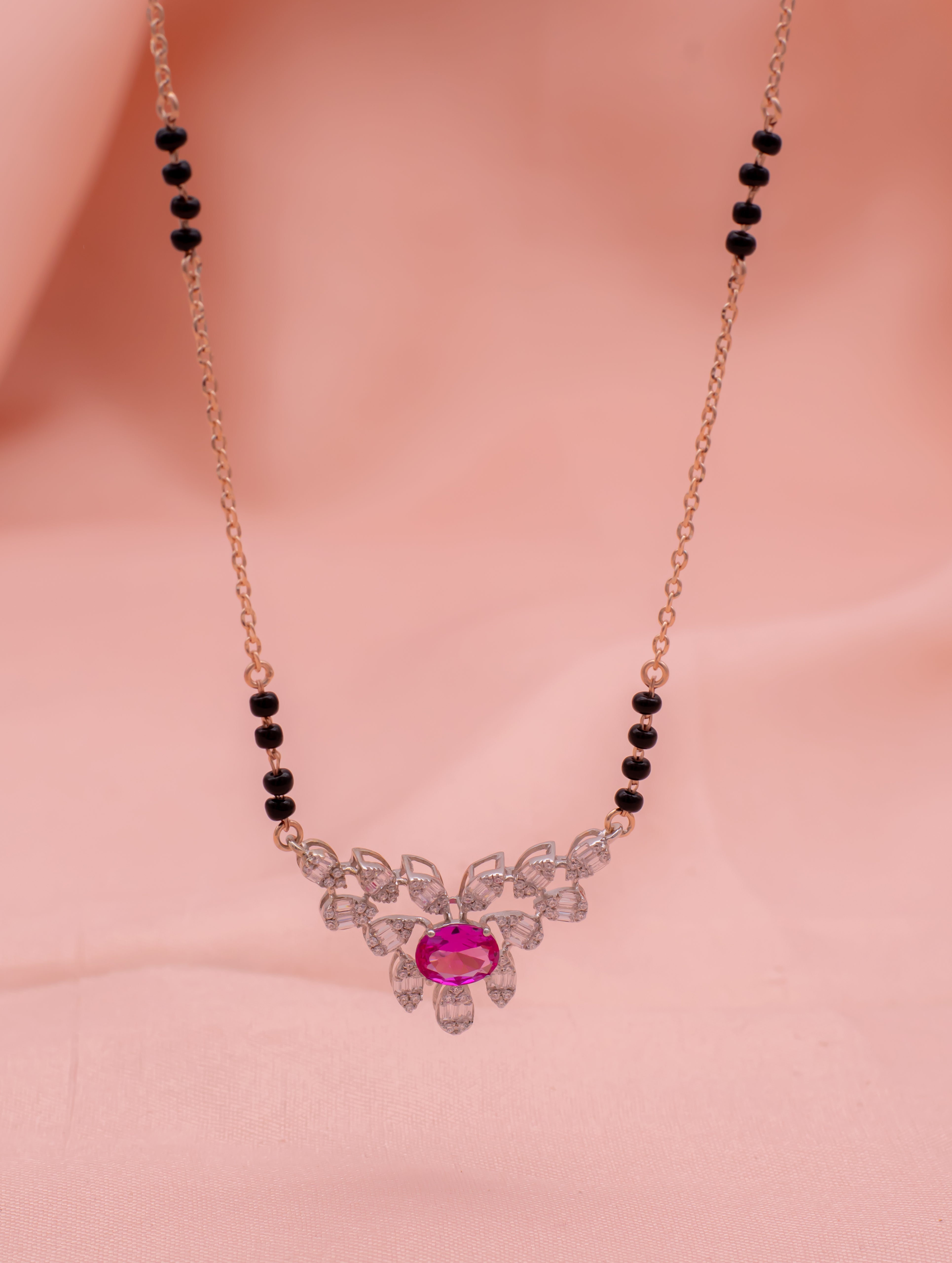 Magenta Stone & Black Beads Gold-Tone Mangalsutra Necklace