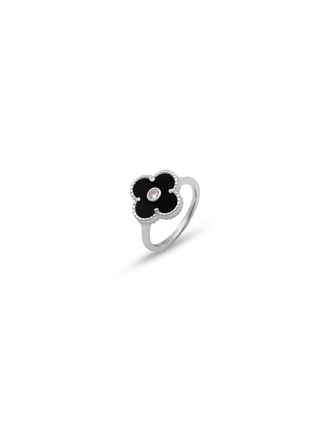 Four-Leaf Clover Black Enamel Ring with White Stone