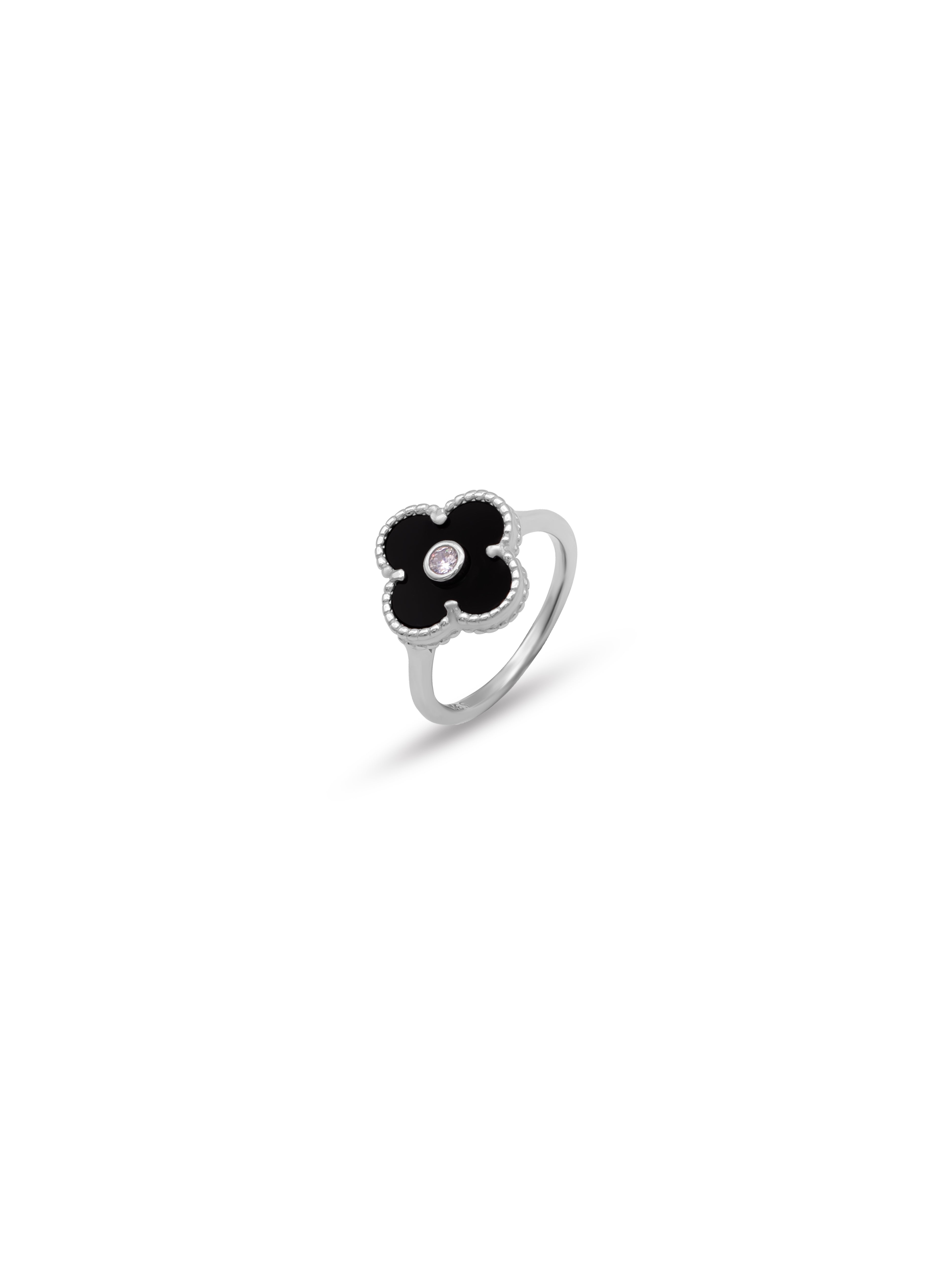 Four-Leaf Clover Black Enamel Ring with White Stone