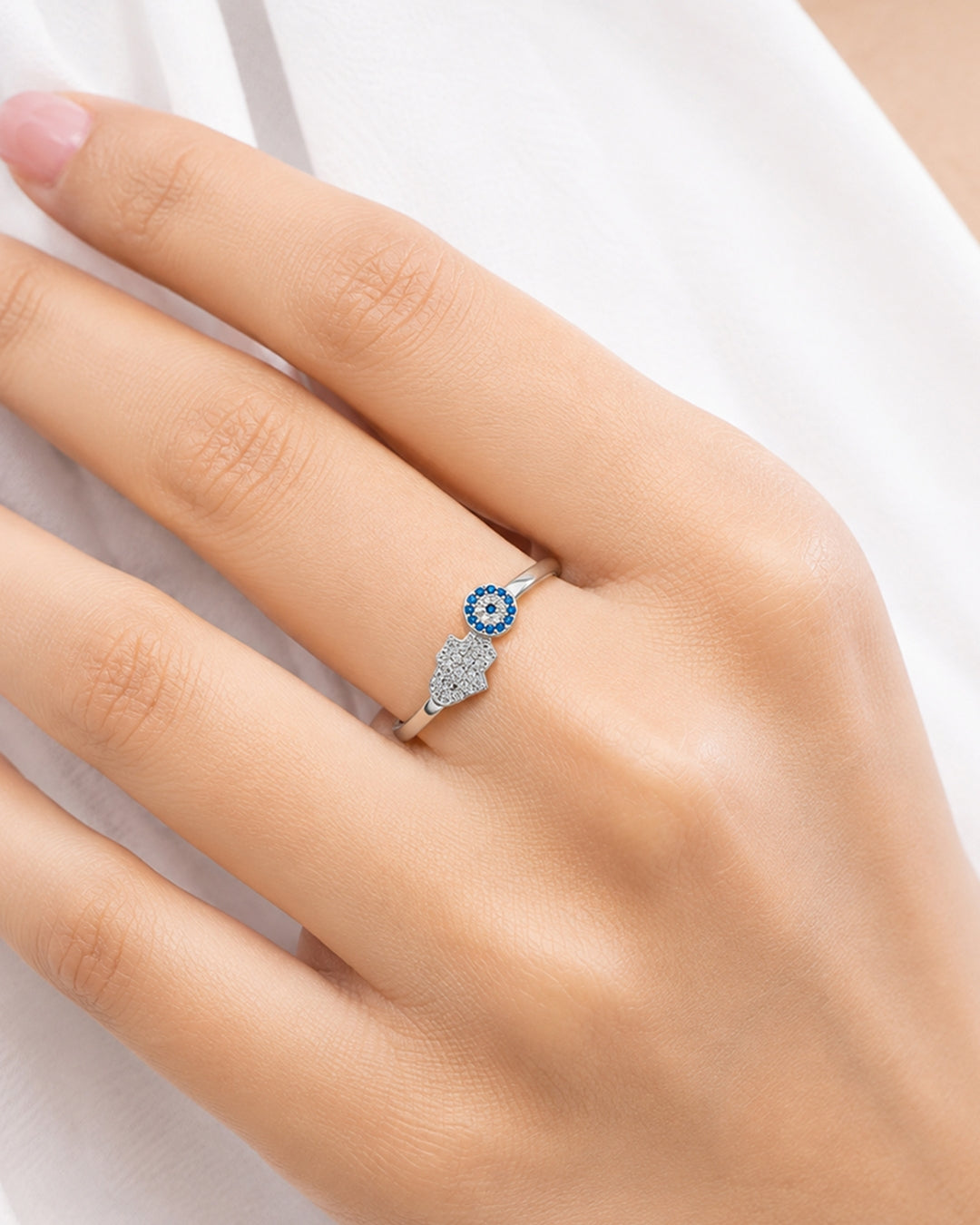 Hamsa & Evil Eye Pave CZ Crossover Ring