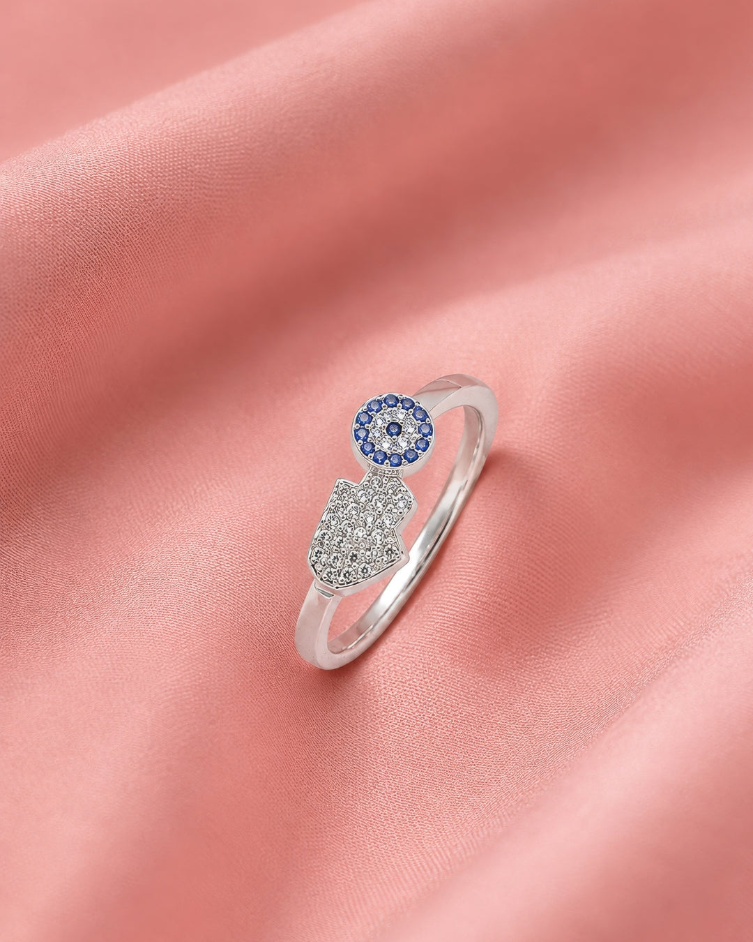 Hamsa & Evil Eye Pave CZ Crossover Ring