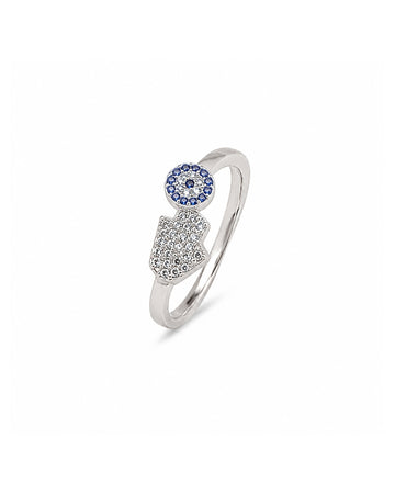 Hamsa & Evil Eye Pave CZ Crossover Ring