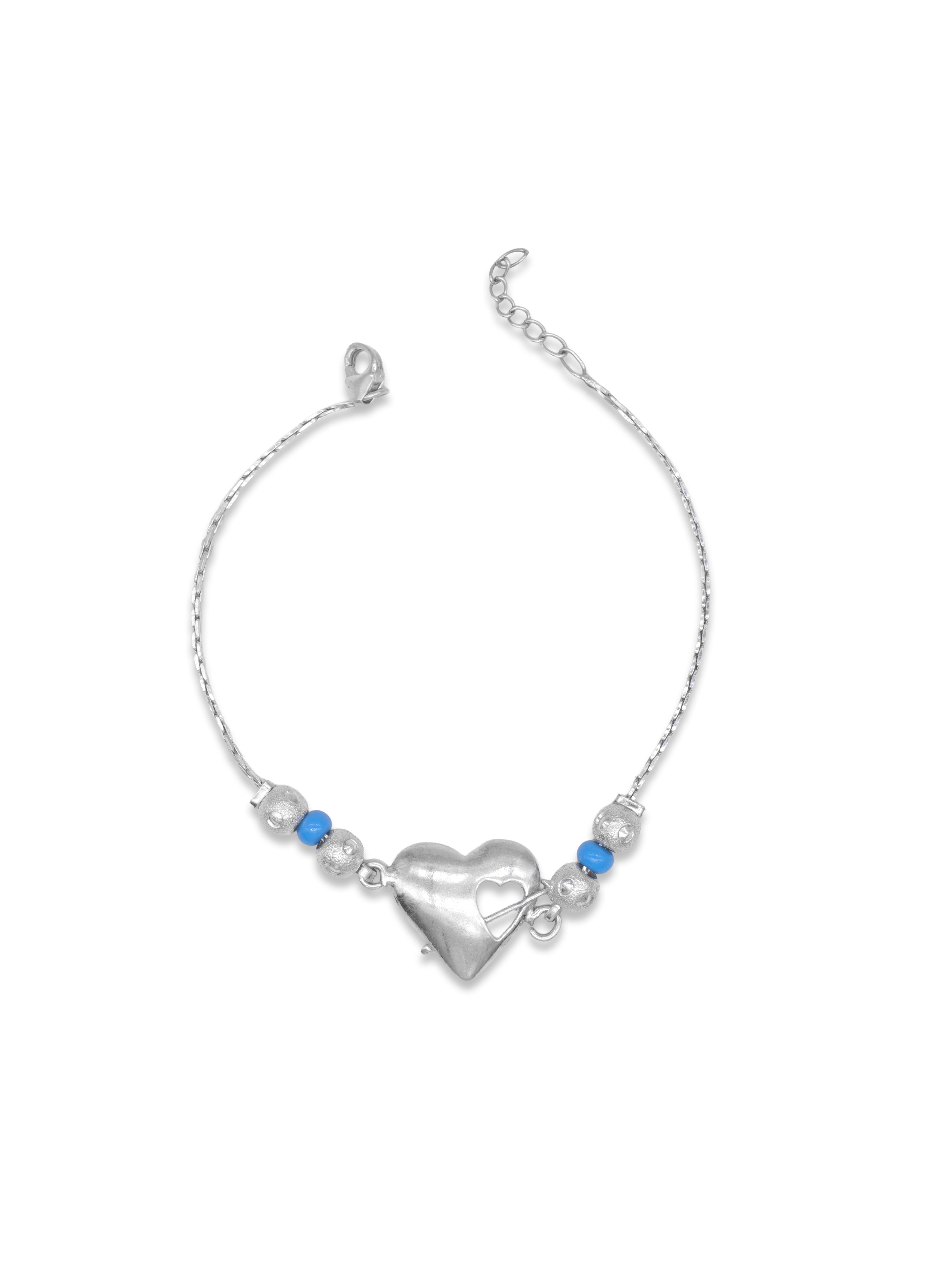 Elegant Silver Heart Rakhi with Blue & Silver Pearls