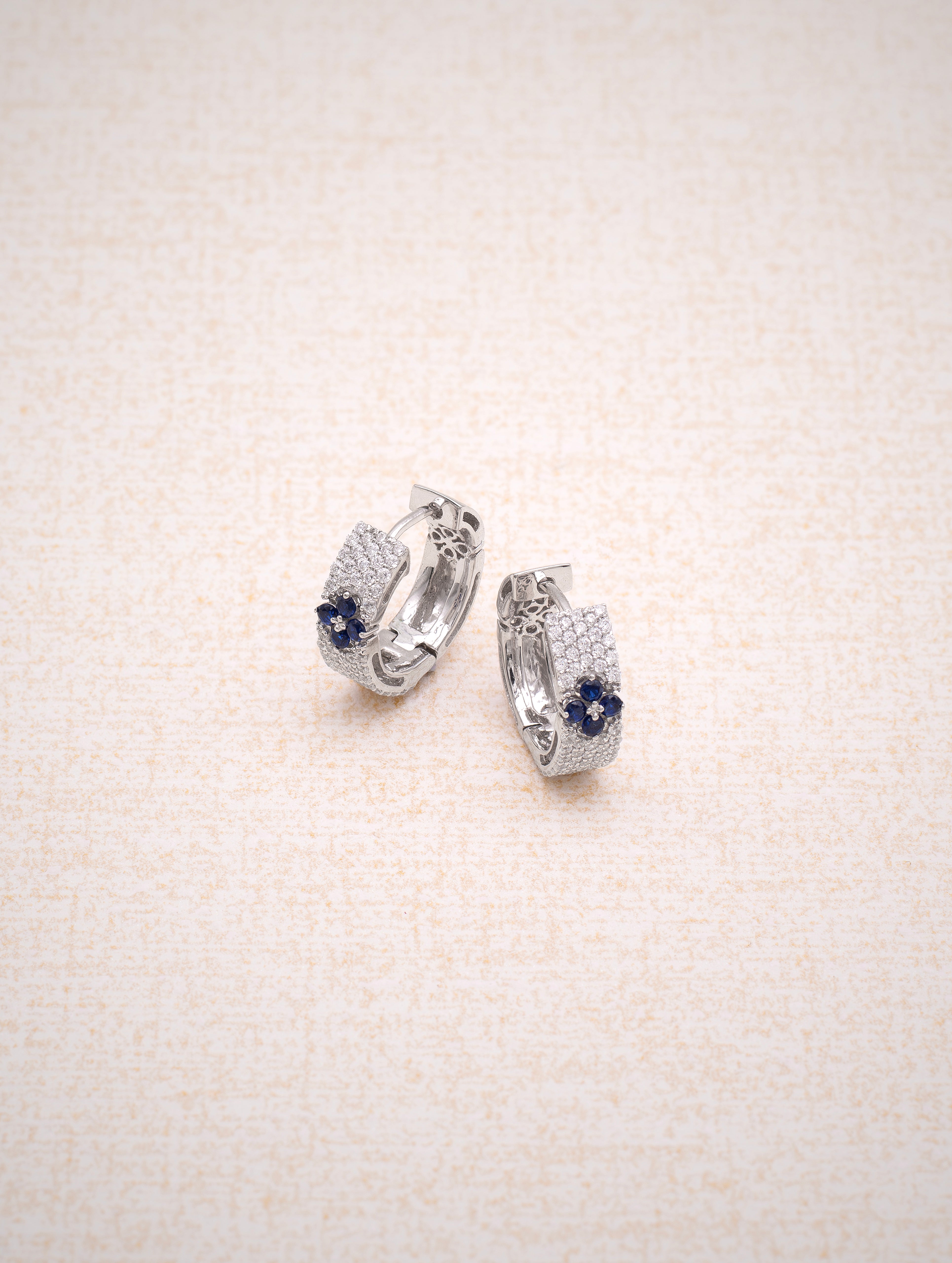 Azure Bloom 925 Silver Round Bali Earrings with White Swarovski Zircon and Blue Stone