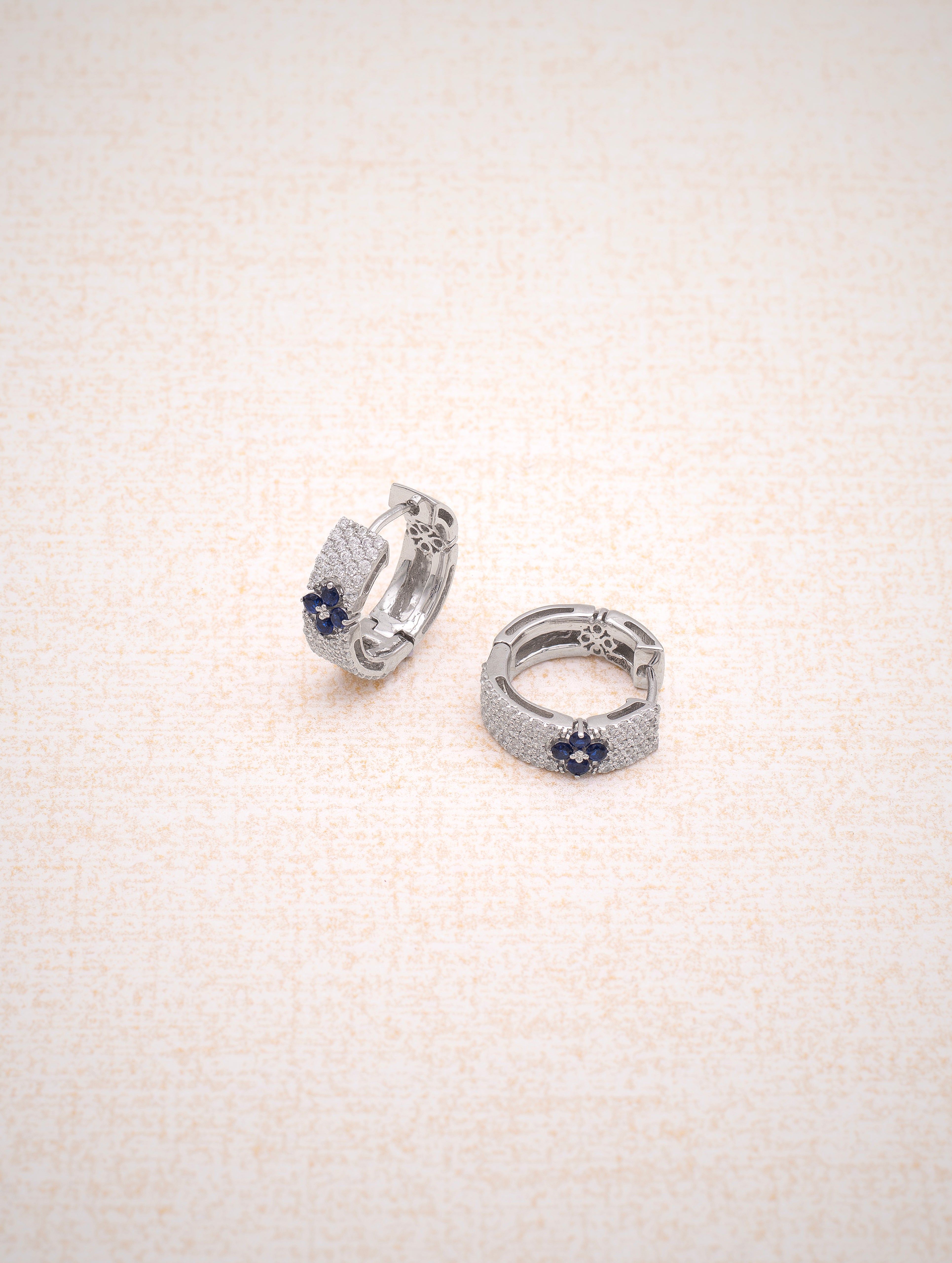 Azure Bloom 925 Silver Round Bali Earrings with White Swarovski Zircon and Blue Stone