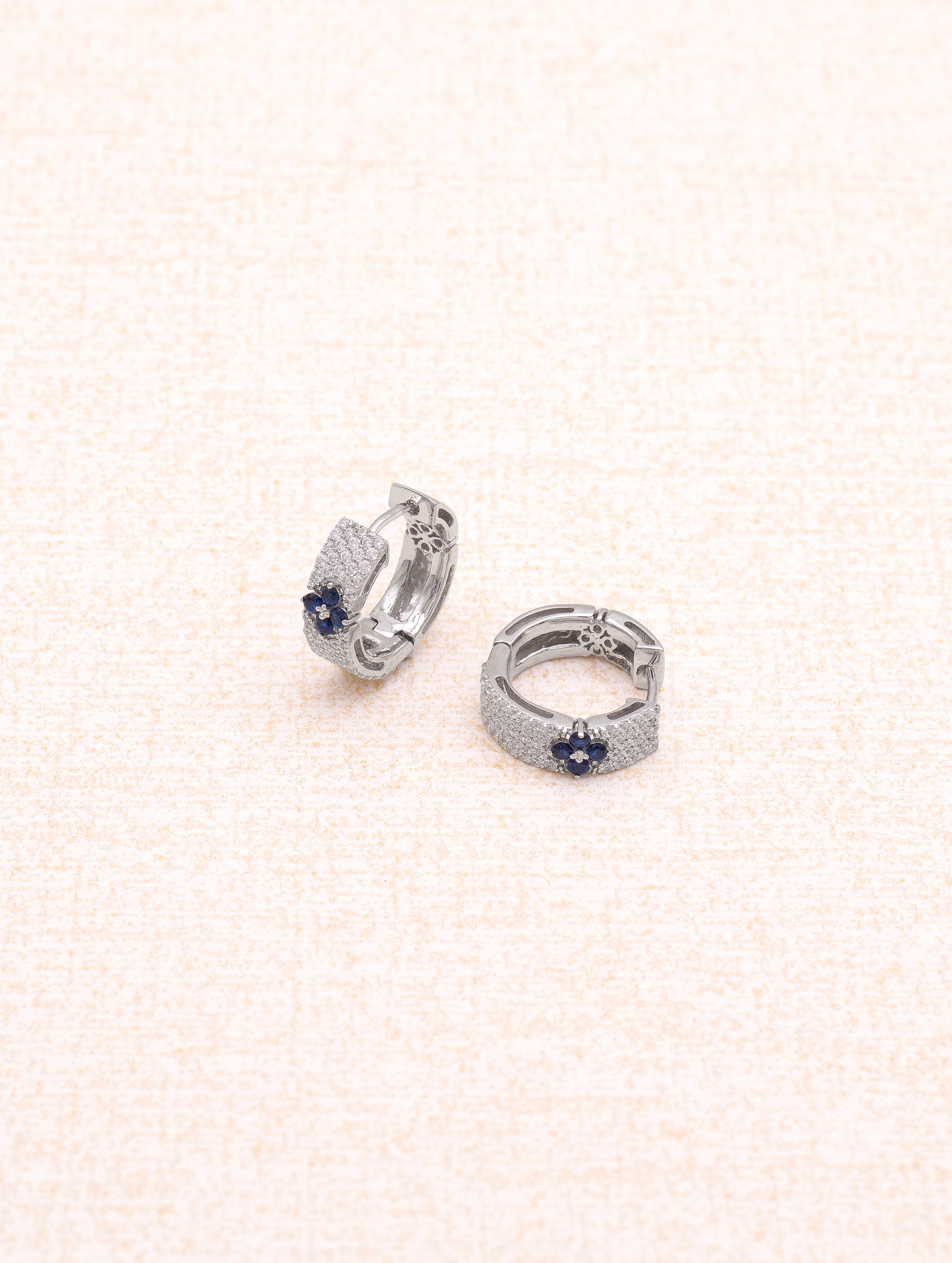Azure Bloom 925 Silver Round Bali Earrings with White Swarovski Zircon and Blue Stone