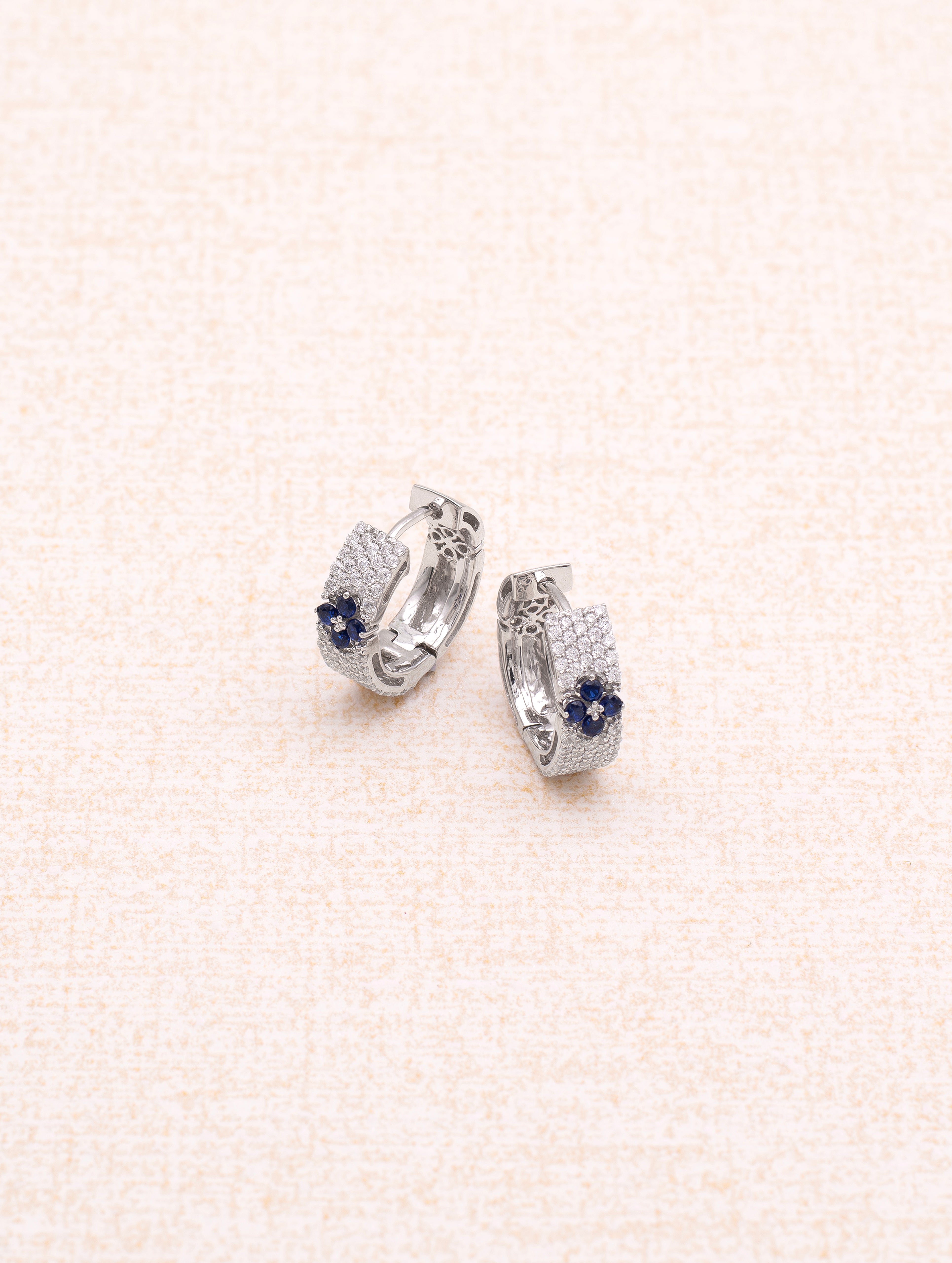 Azure Bloom 925 Silver Round Bali Earrings with White Swarovski Zircon and Blue Stone