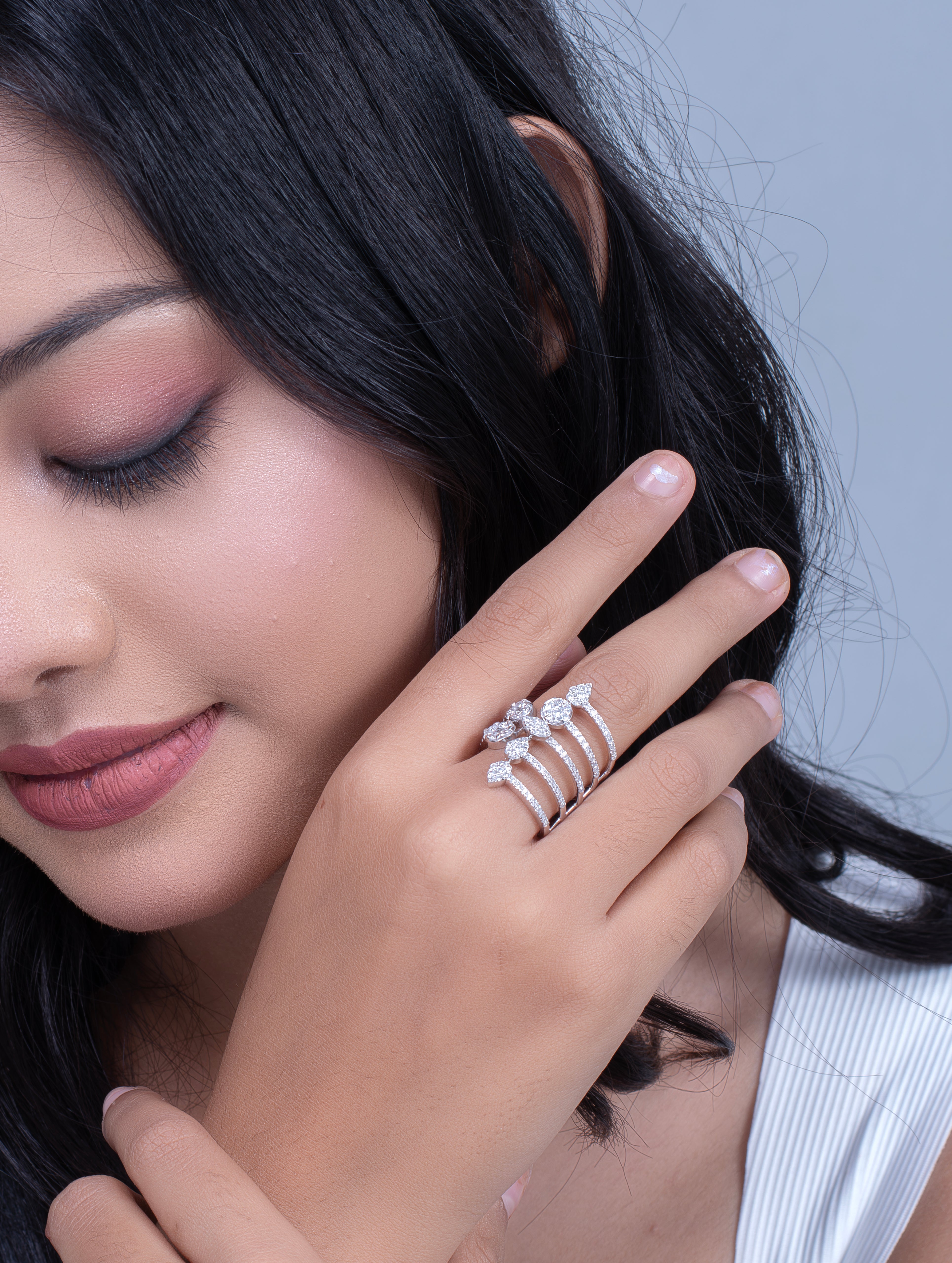 Multi-Band Leaf & Floral Ring with White Swarovski Zircon