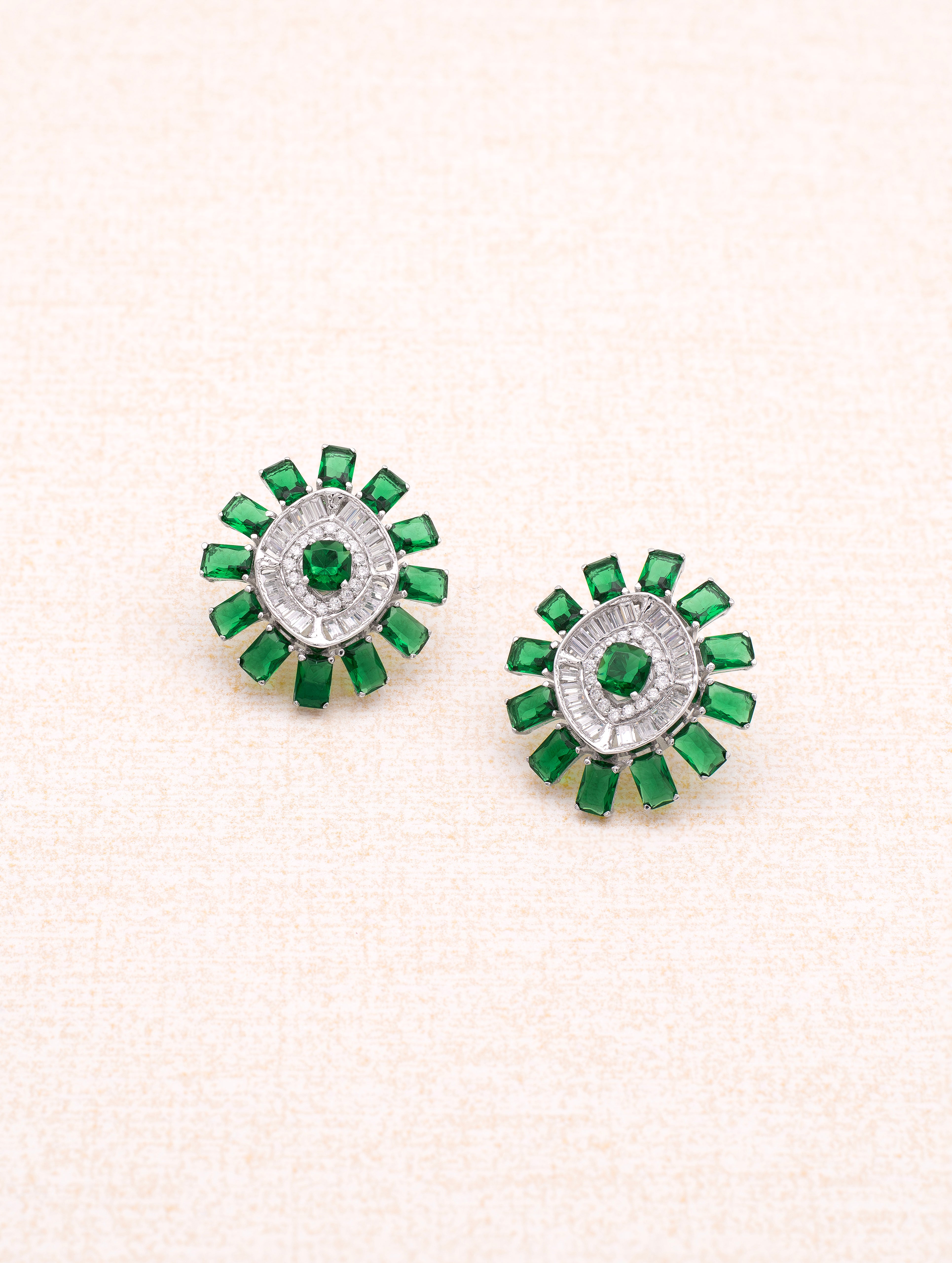 Emerald Glow 925 Silver White Swarovski Zircon & Green Stone Stud Earrings