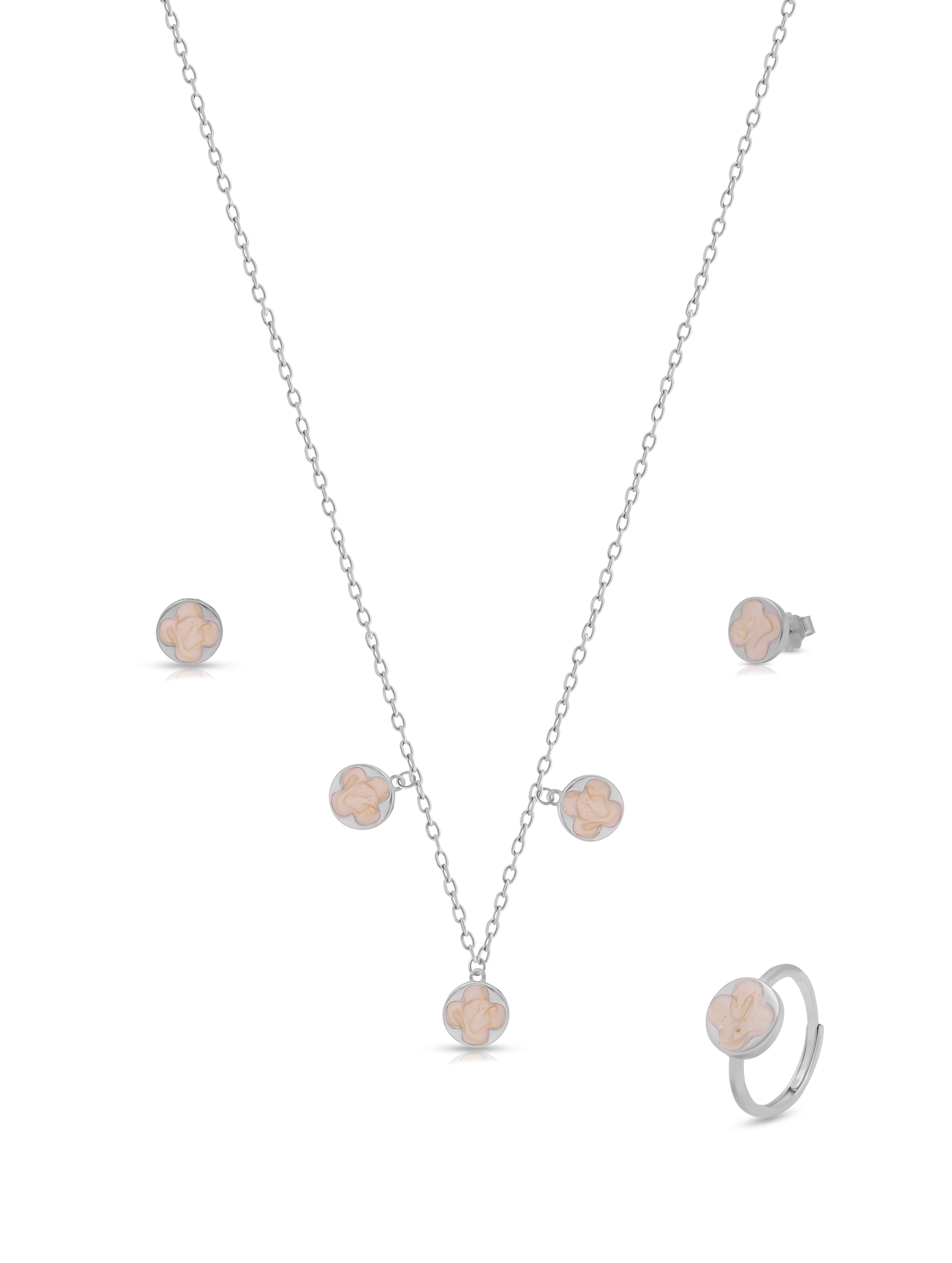 Pink Enamel Clover Silver Jewelry Set