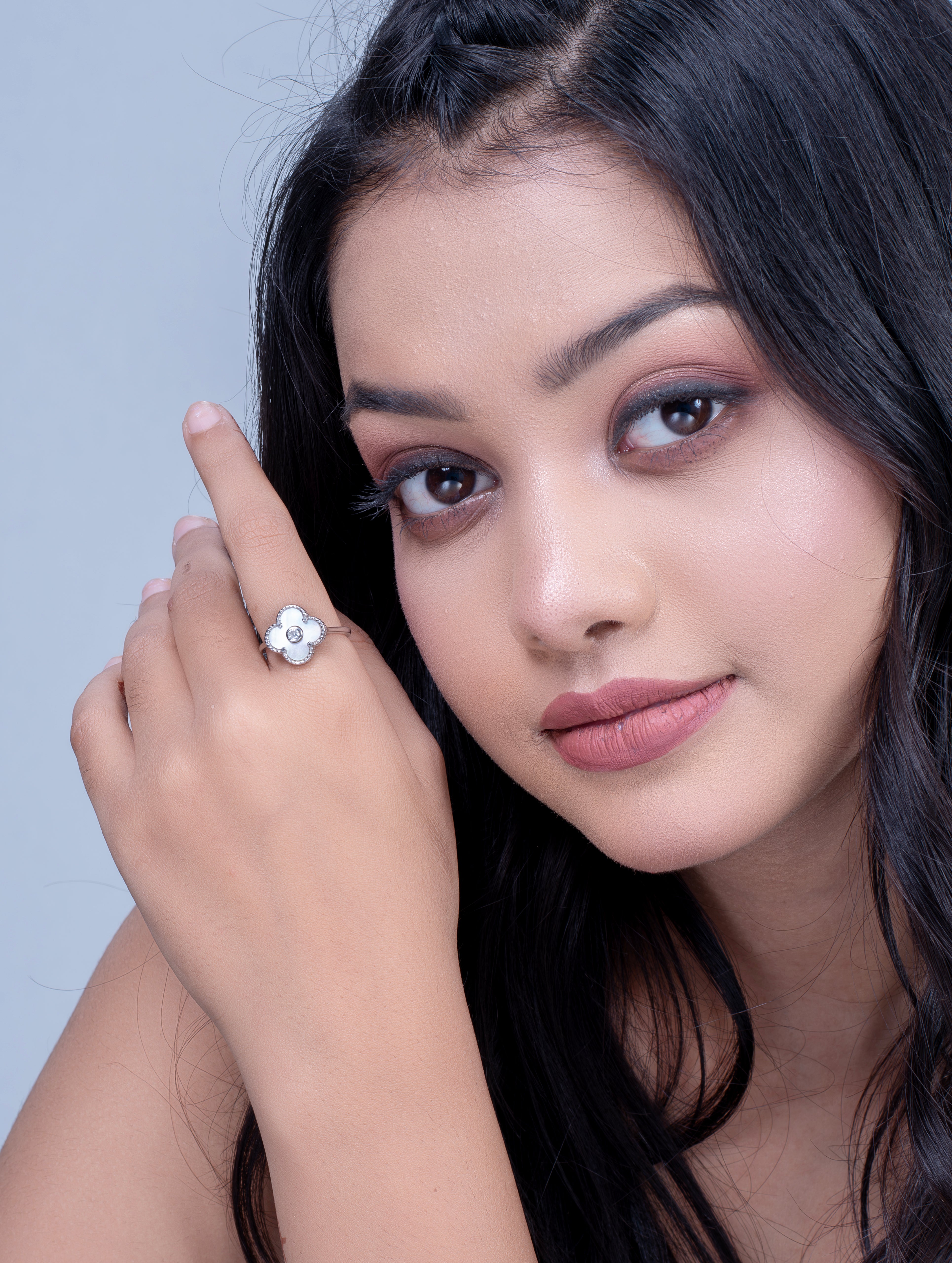 White Enamel Four-Leaf Clover Ring with White Stone