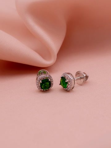 Silver Green Halo Stud Earrings