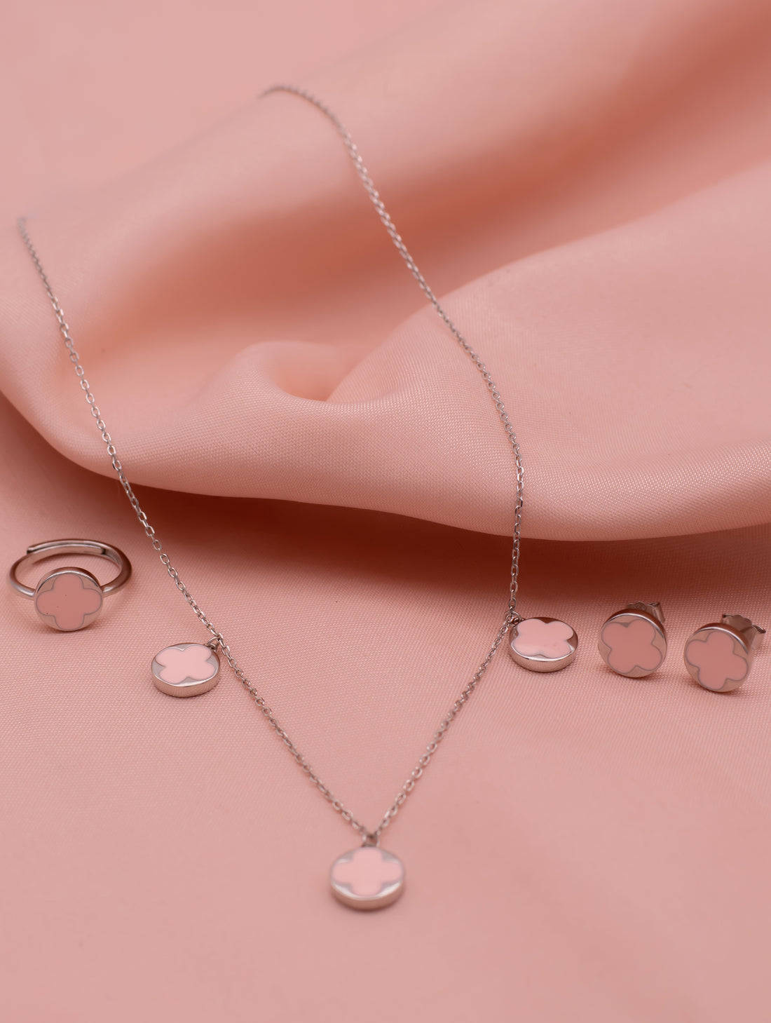 Pink Enamel Clover Silver Jewelry Set