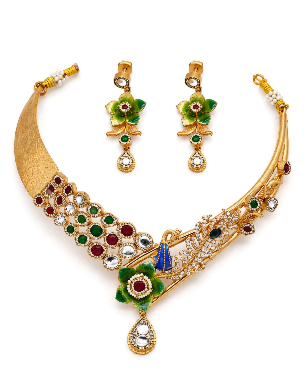 Antique Gold Kundan Beaded Necklace with Ruby Centerpiece