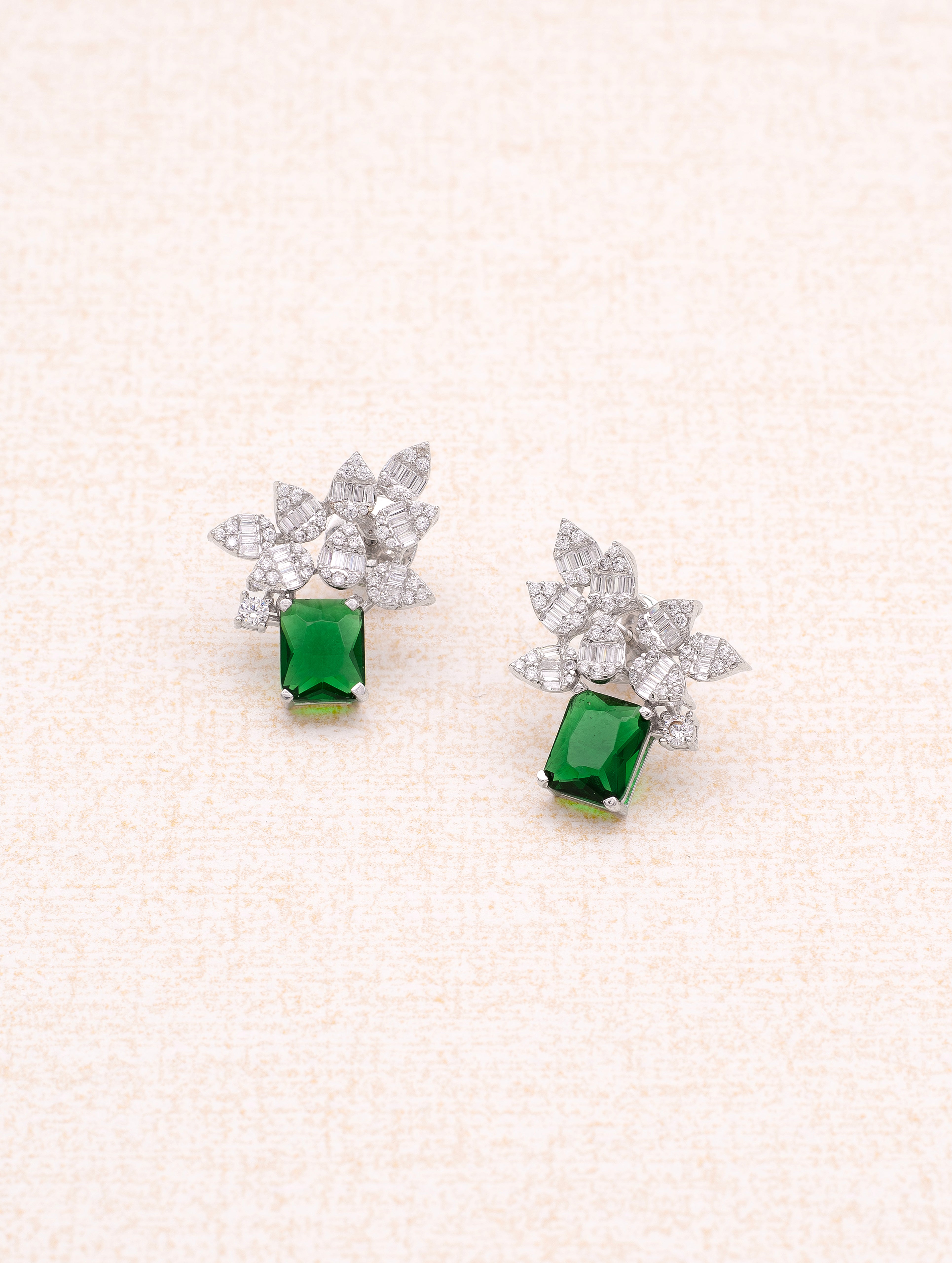 Leaf Elegance 925 Silver White & Green Stone Stud Earrings