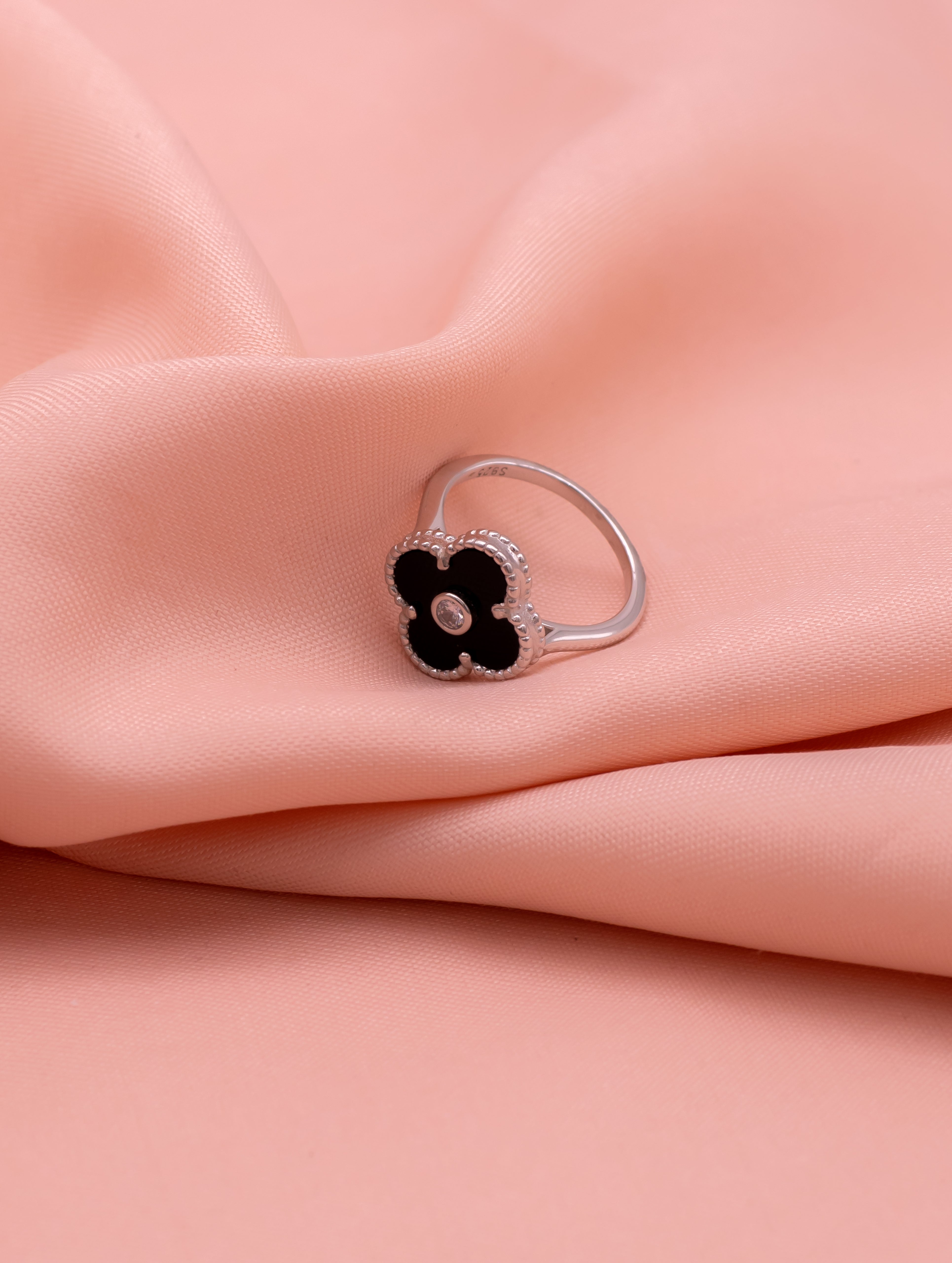 Four-Leaf Clover Black Enamel Ring with White Stone