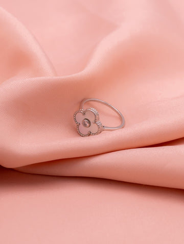 White Enamel Four-Leaf Clover Ring with White Stone