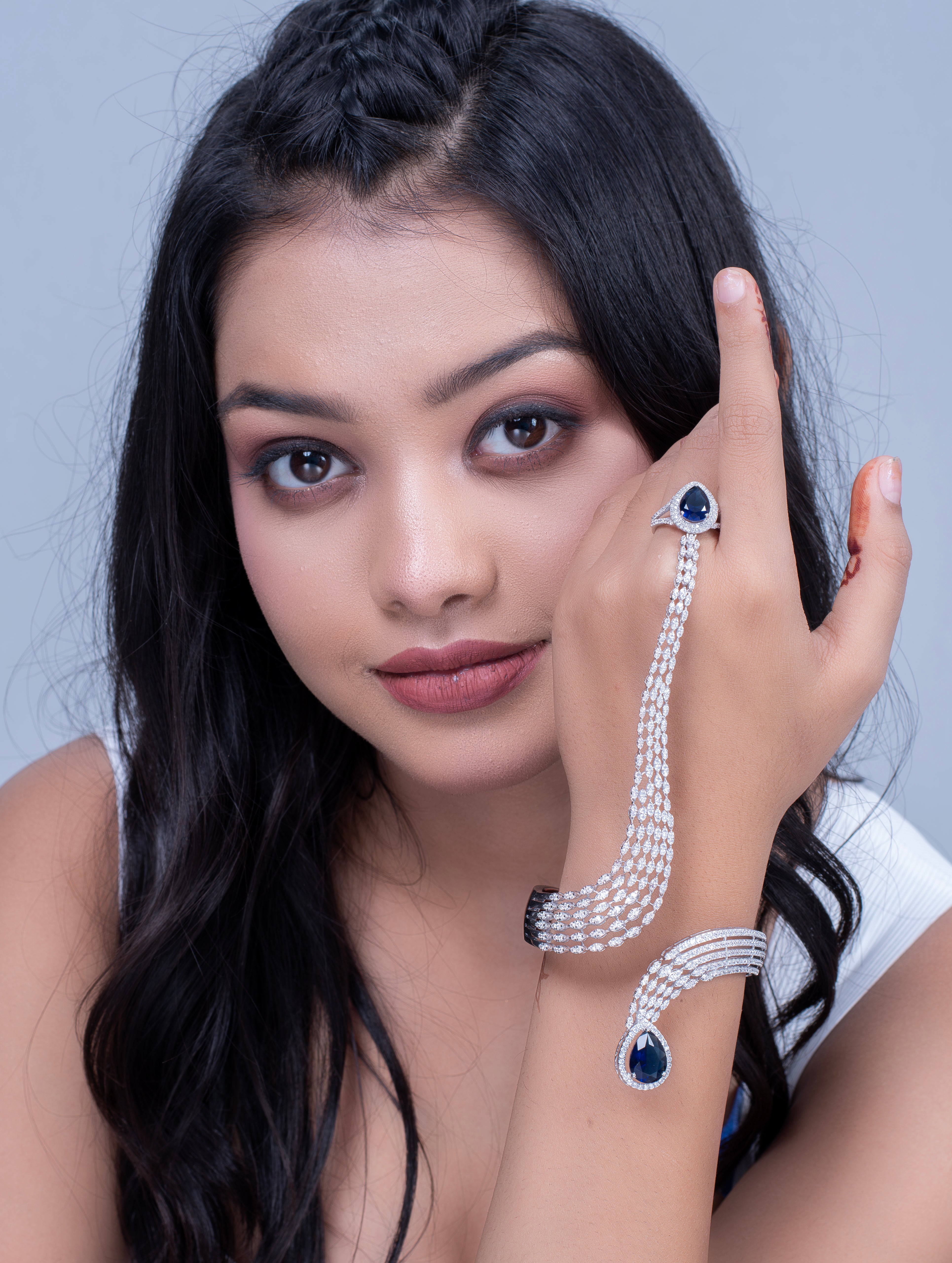 Silver Tone Hand Harness Bracelet with Ring in 925 Silver