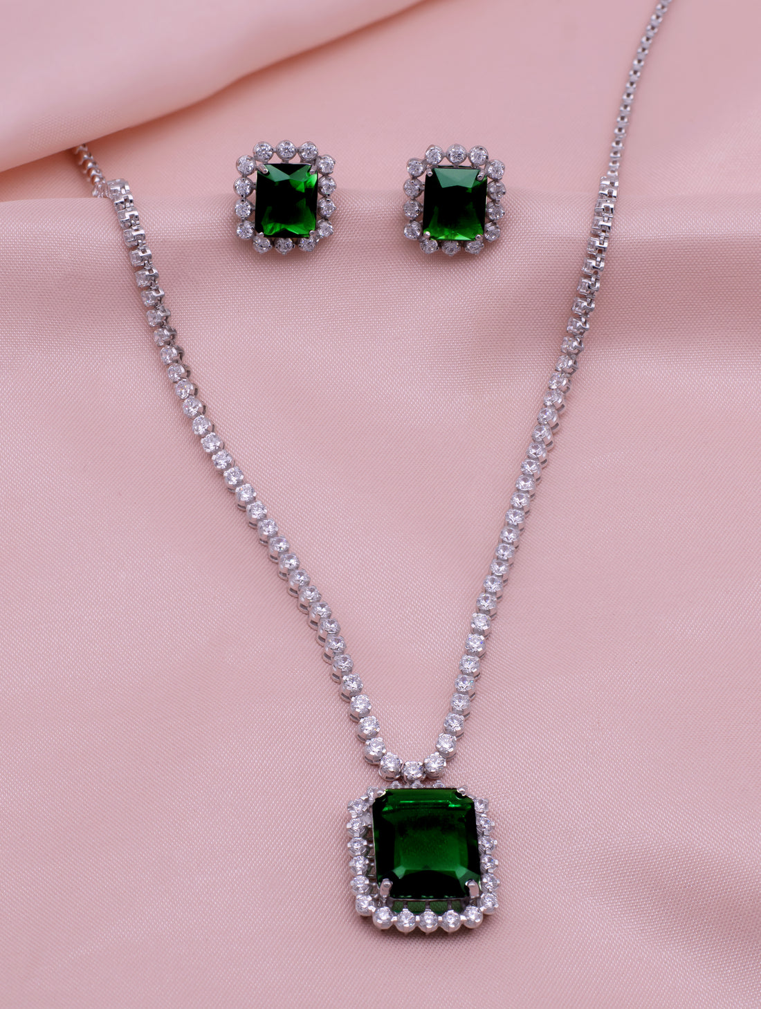 Emerald-Cut Green Stone Silver Necklace & Earrings Set