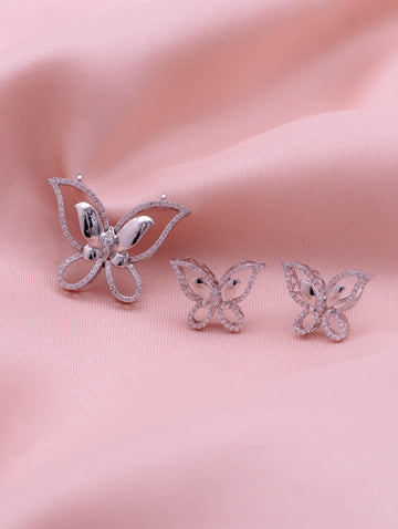 Silver-Tone White Stone Butterfly Pendant & Earrings Set
