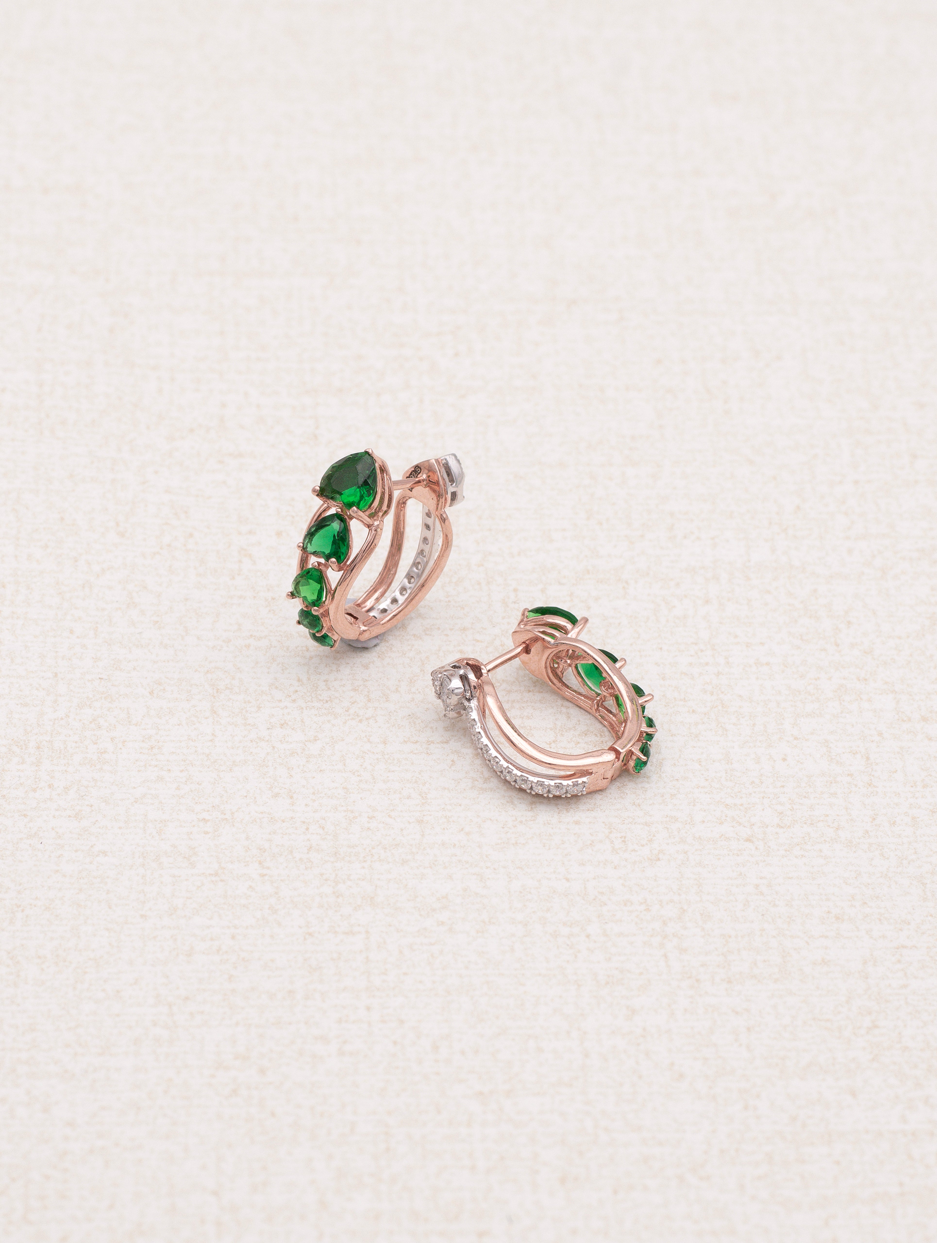 Emerald Glow 925 Silver Rose Gold-Plated Bali Earrings
