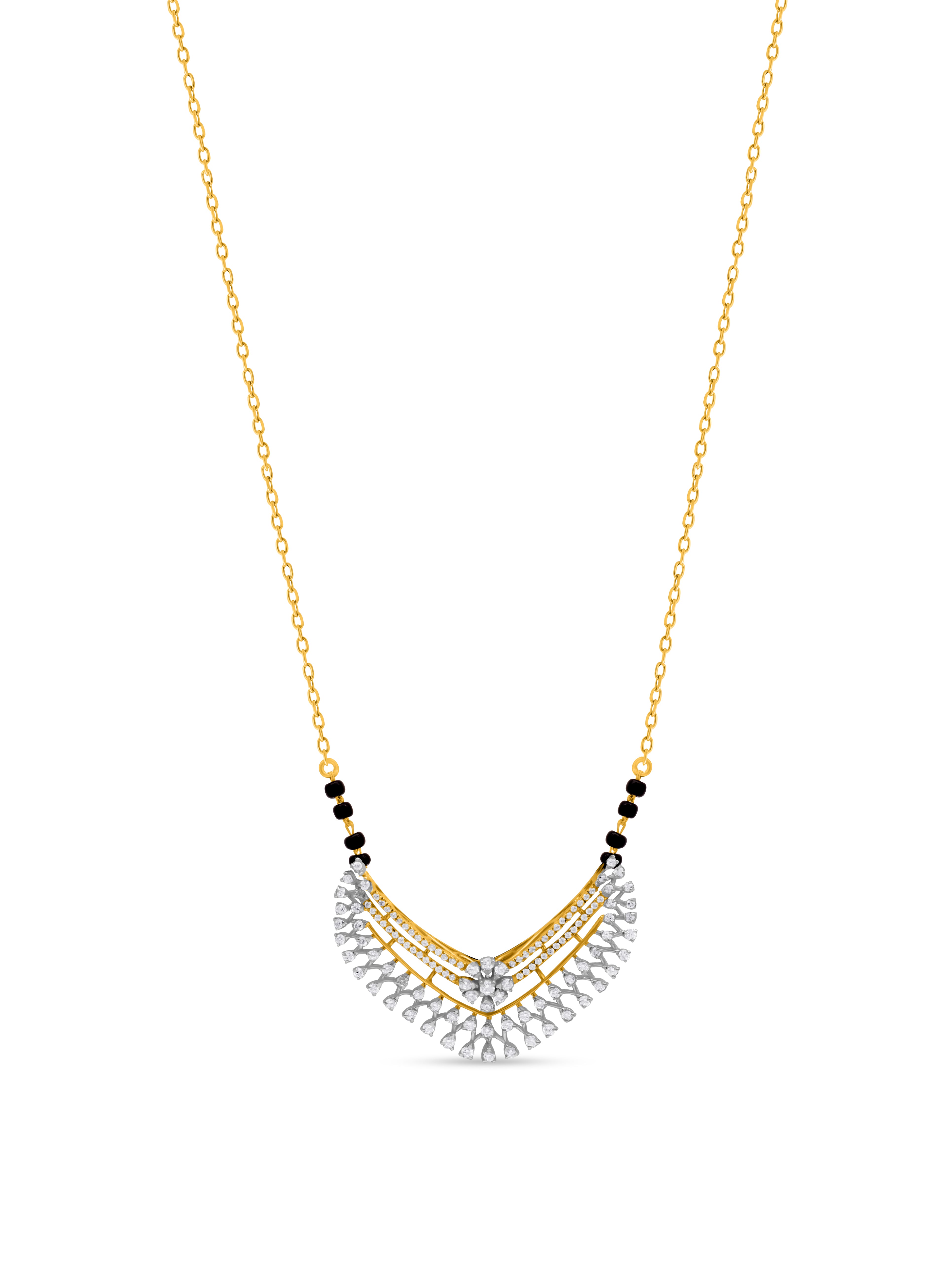 Fan-Shaped White Stone & Black Beads Gold-Tone Mangalsutra Necklace