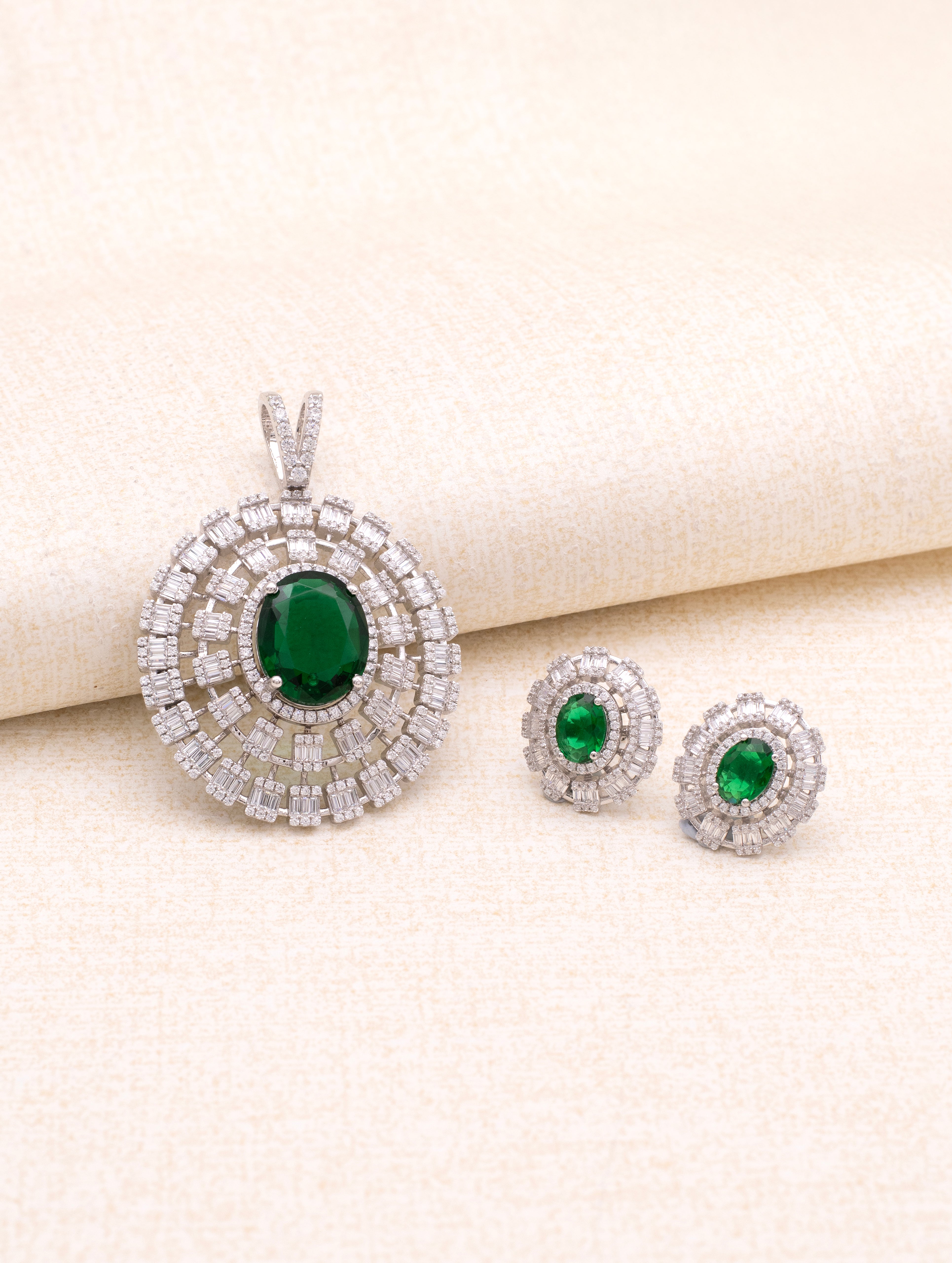 Green Stone & White Swarovski Zircon Pendant Set