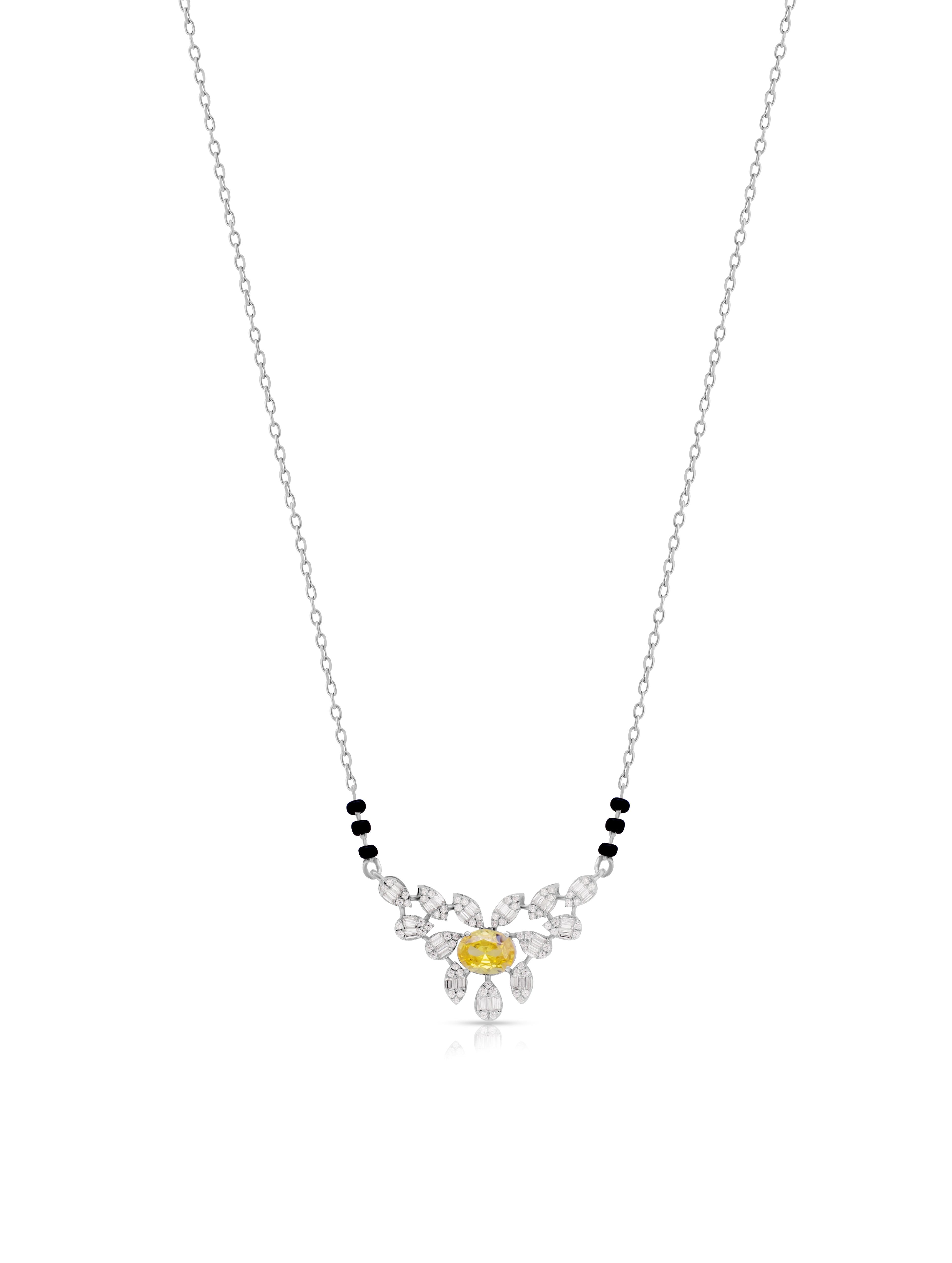 Yellow Stone & Black Beads Silver-Tone Mangalsutra Necklace