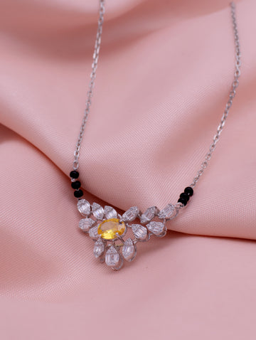 Yellow Stone & Black Beads Silver-Tone Mangalsutra Necklace
